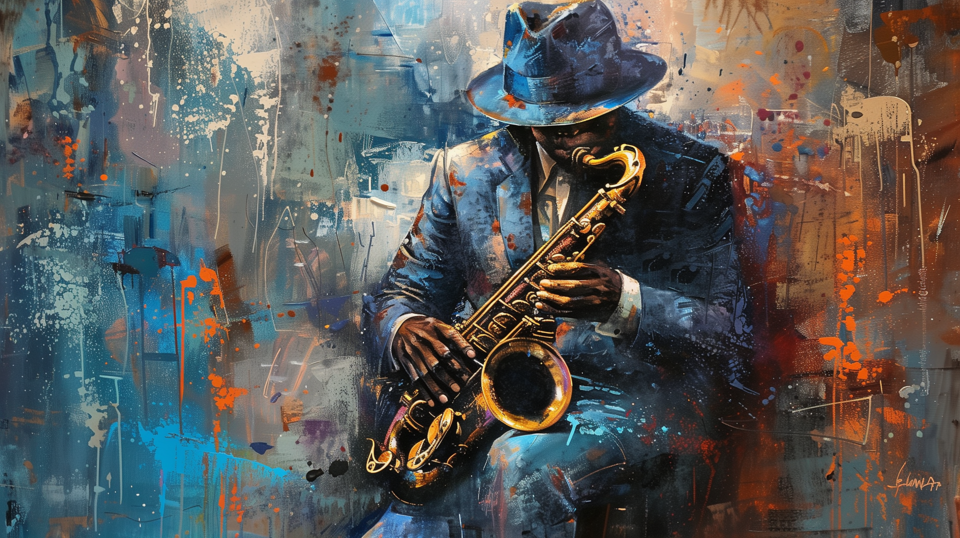 HD wallpaper of an artistic depiction of a blues musician playing a saxophone with a colorful abstract background.