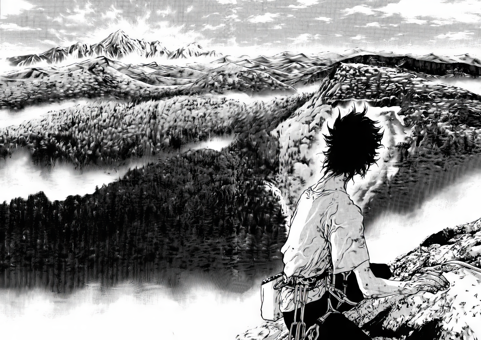 A striking HD desktop wallpaper from the manga The Climber, featuring a figure gazing over a vast mountainous landscape, capturing the essence of adventure and exploration.
