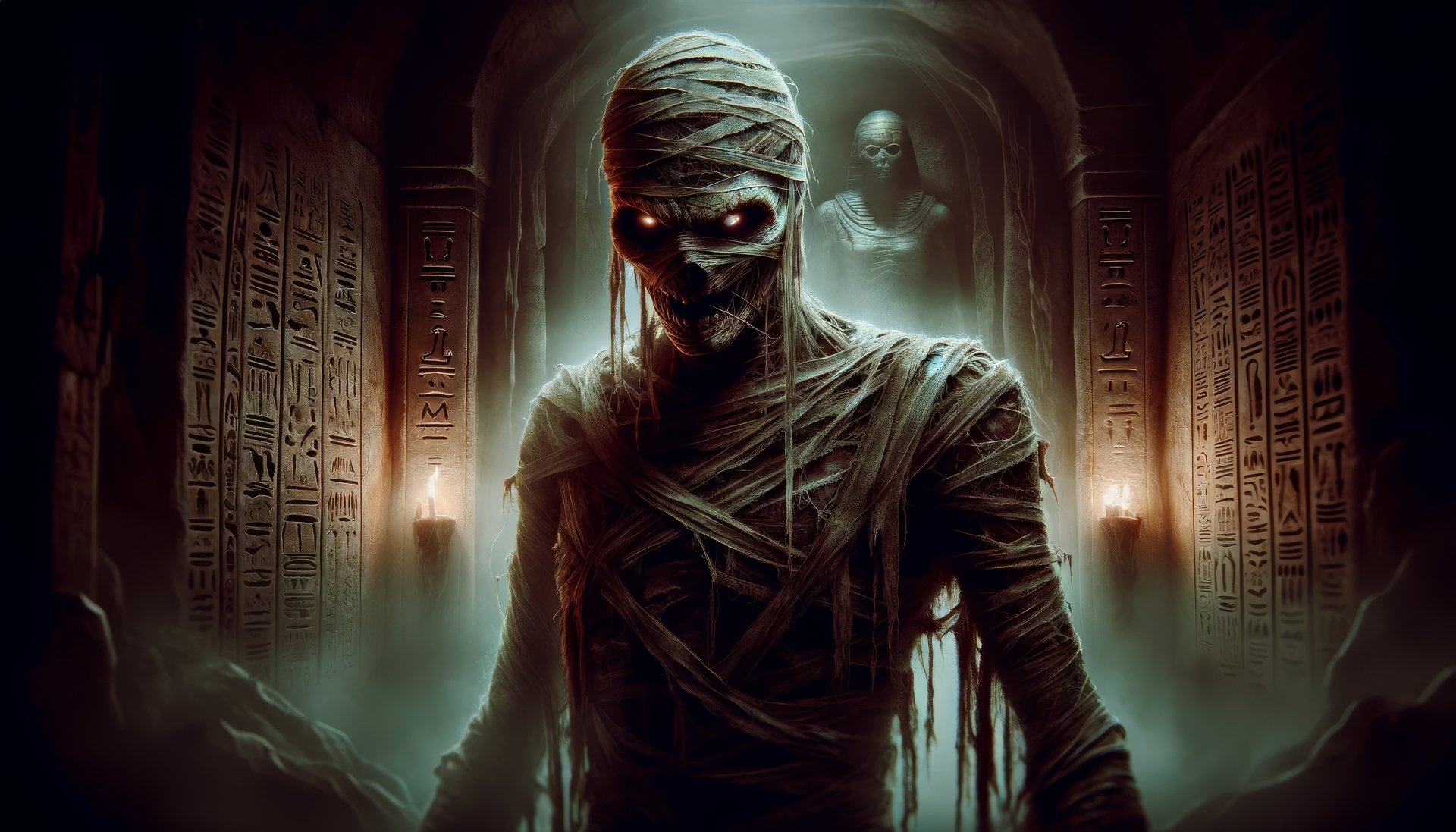 HD wallpaper of a dark, eerie mummy emerging from the shadows in an ancient tomb, exuding a creepy, undead vibe.