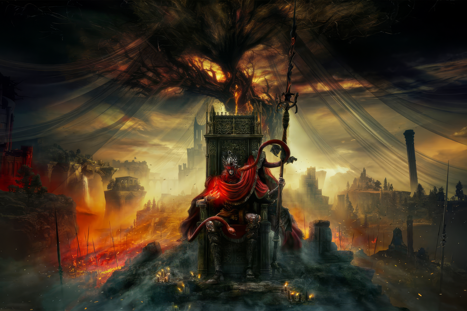 Elden Ring video game HD wallpaper featuring a majestic figure on horseback overlooking a fiery, dystopian landscape.