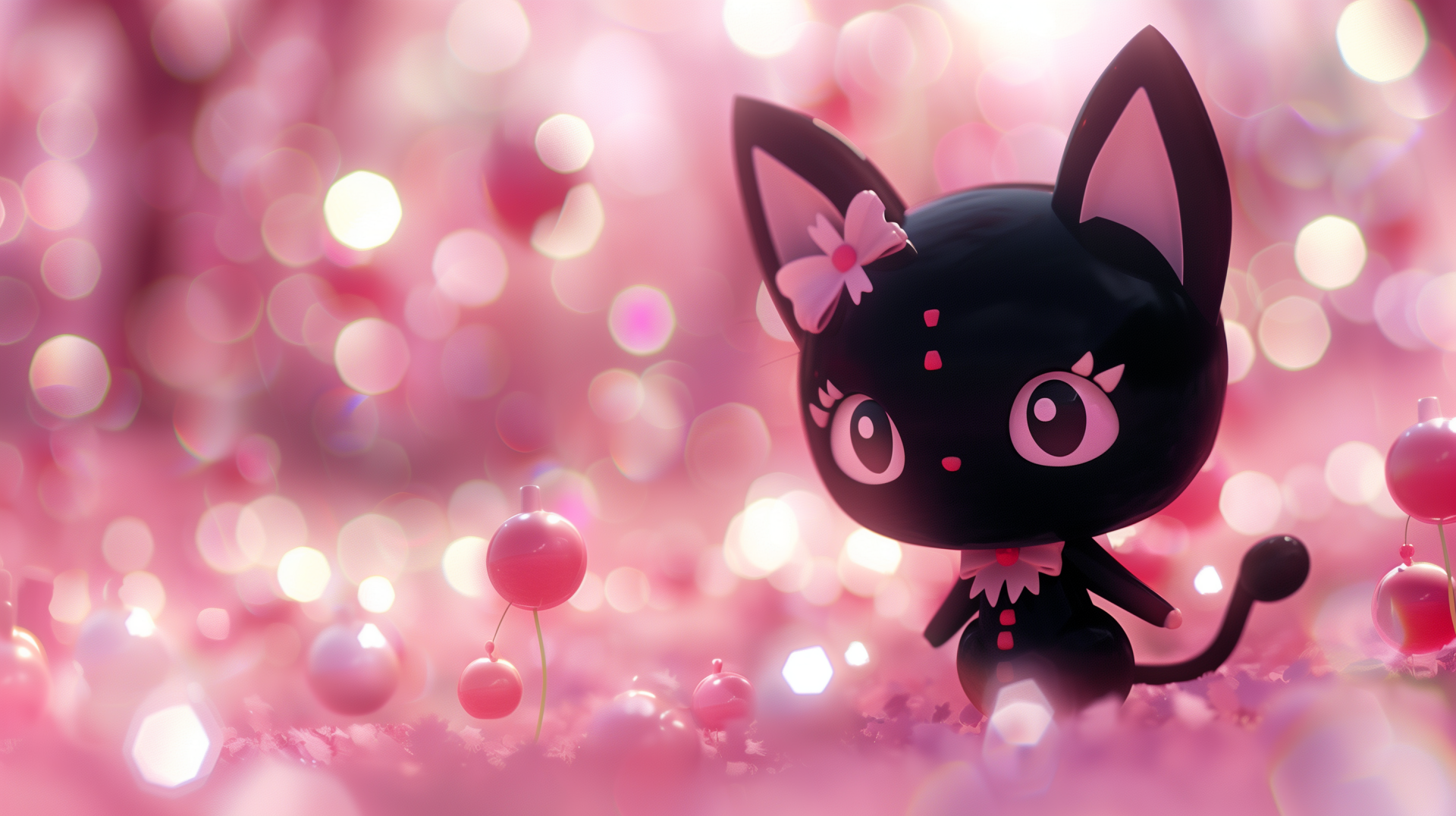 HD desktop wallpaper of Kuromi, the cat-like character from Onegai My Melody, against a sparkling pink bokeh background.