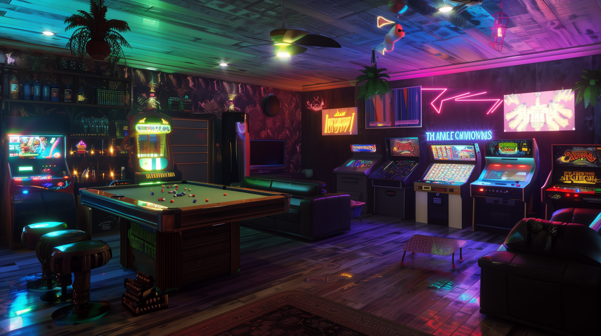 HD wallpaper of a vibrant game room interior with arcade machines and pool table.