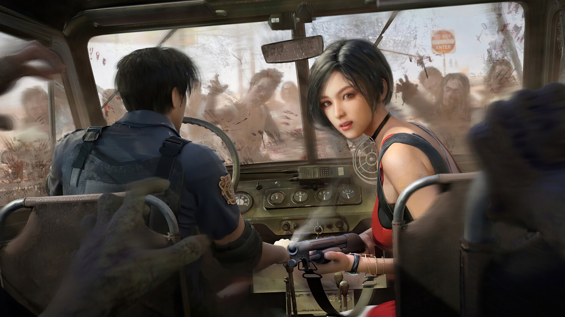 Alt Text: HD wallpaper featuring Ada Wong and a companion in a vehicle from Resident Evil 2 (2019) video game, surrounded by zombies in the background.