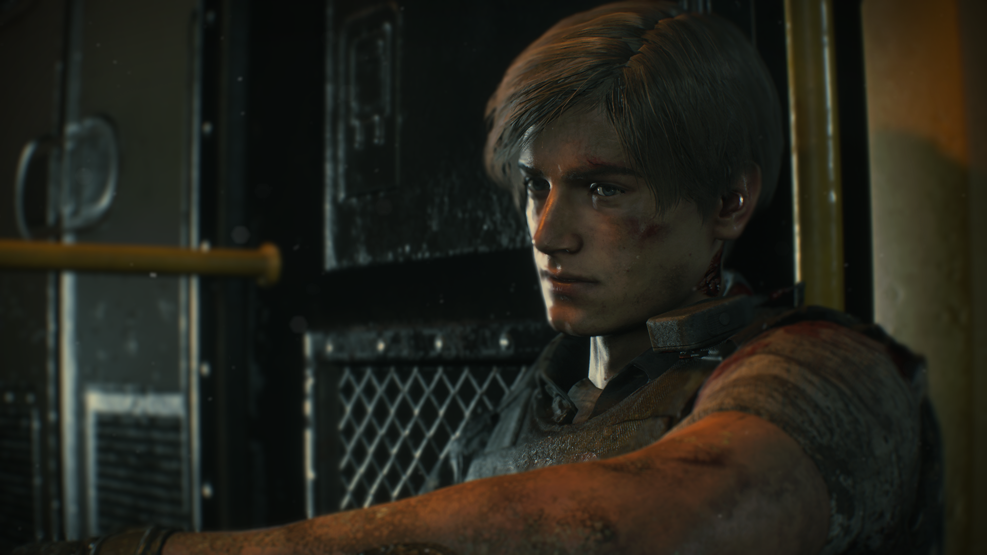 HD PC desktop wallpaper featuring Leon S. Kennedy with a focused expression, set against a dark, industrial background.
