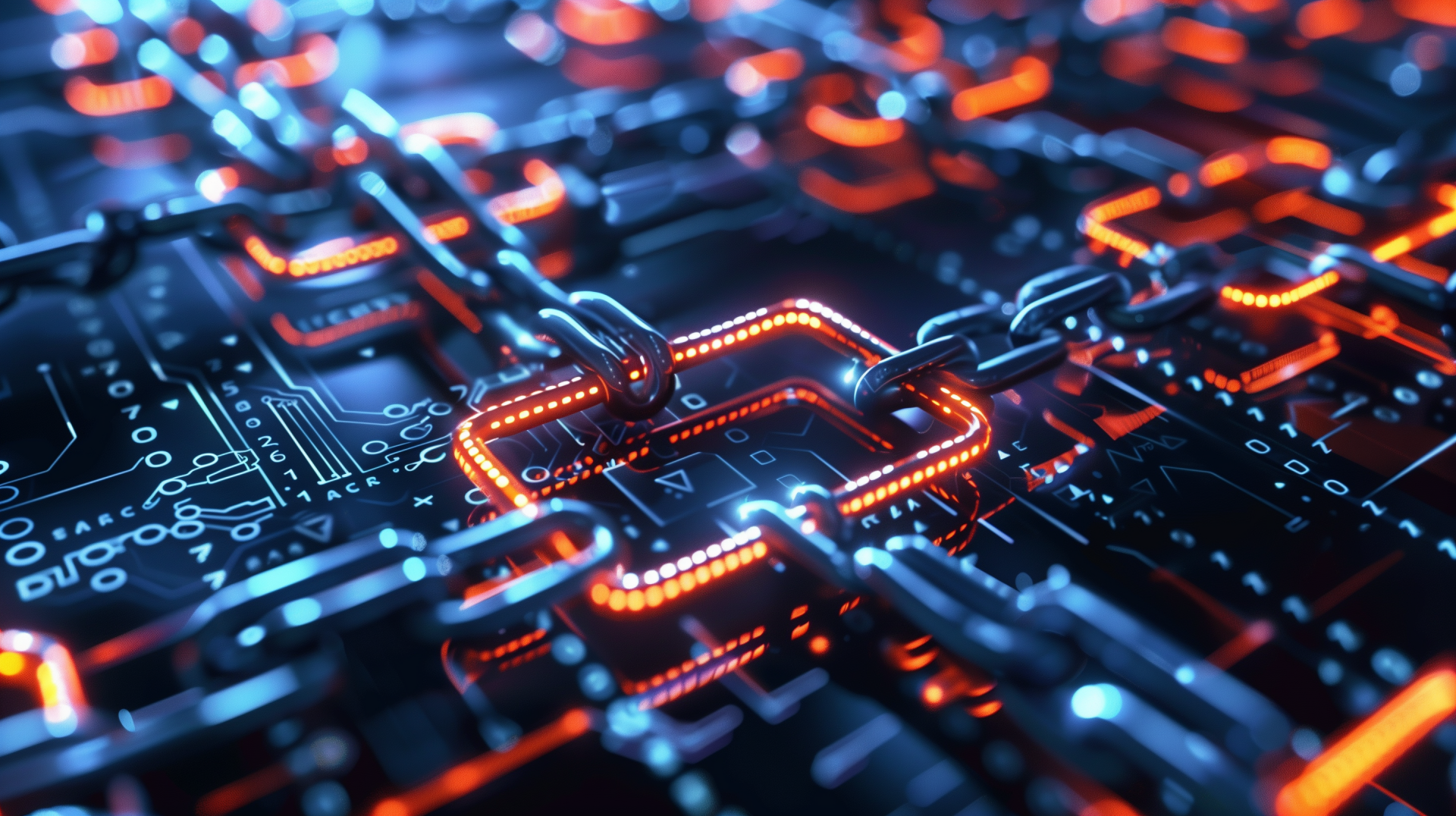 HD wallpaper featuring an abstract representation of blockchain technology with glowing chains and circuit board details for a tech-savvy background.