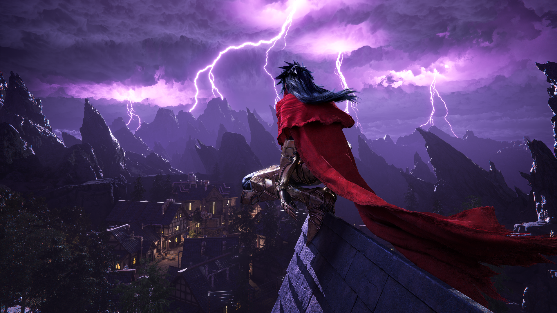 HD wallpaper featuring a character from Final Fantasy VII Rebirth overlooking a village with dramatic lightning in the background.