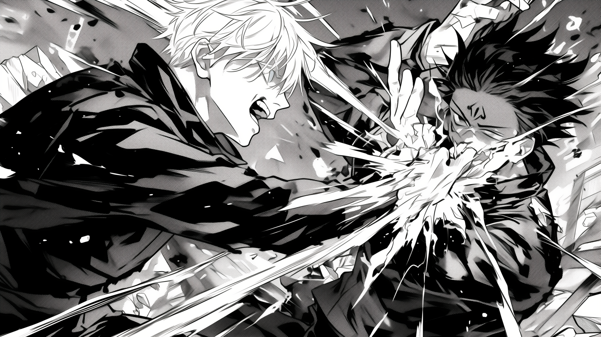HD wallpaper featuring a dynamic black and white manga illustration from Jujutsu Kaisen, showcasing an intense battle between Satoru Gojo and Sukuna.