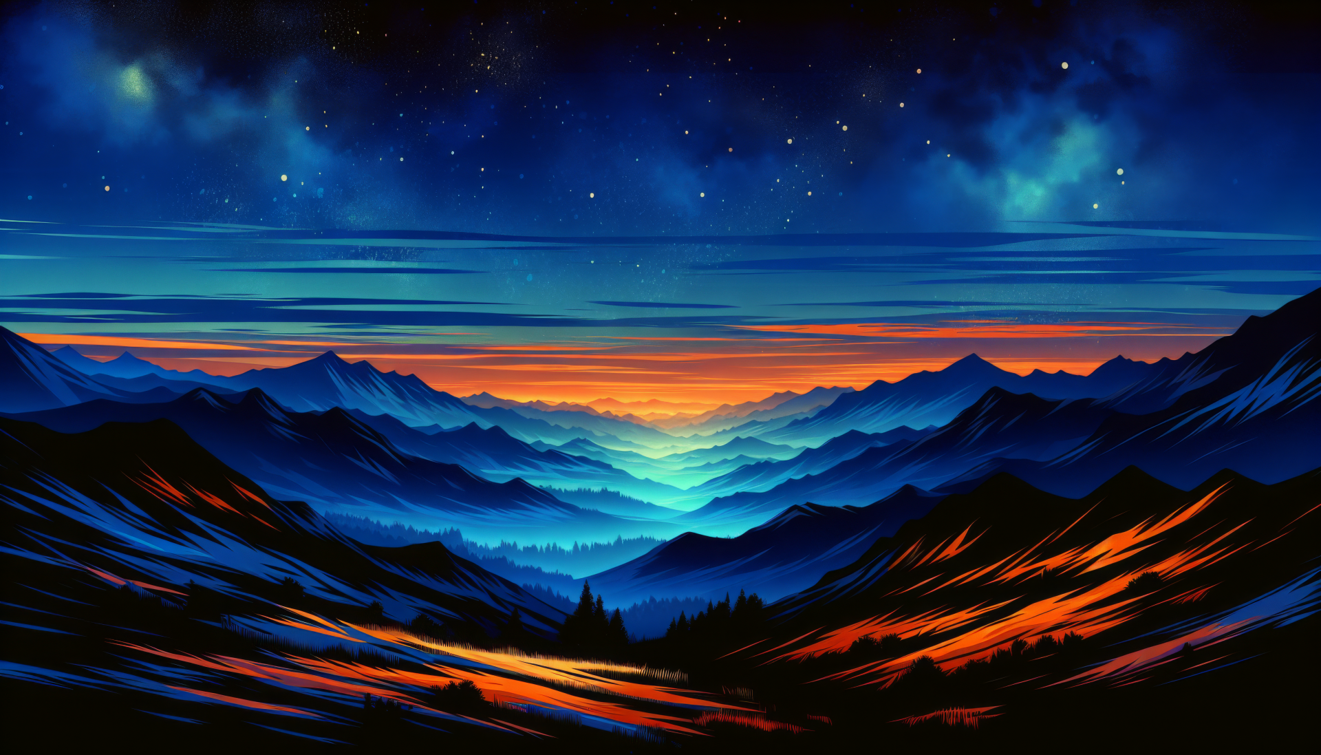 HD desktop wallpaper featuring a vibrant starry sky over a mountain range with a colorful sunset.