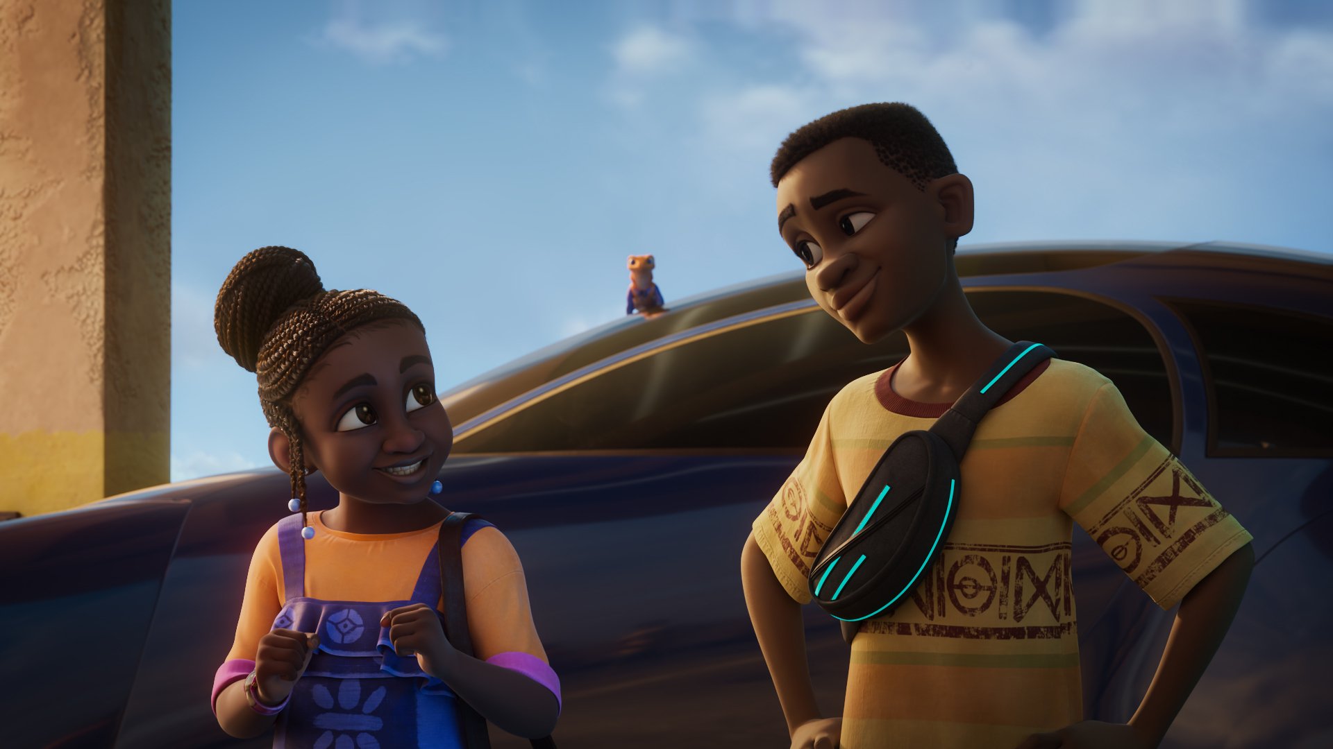 HD wallpaper featuring animated characters from the TV show Iwájú, with a smiling girl and boy standing in front of a futuristic car under a sunny sky.