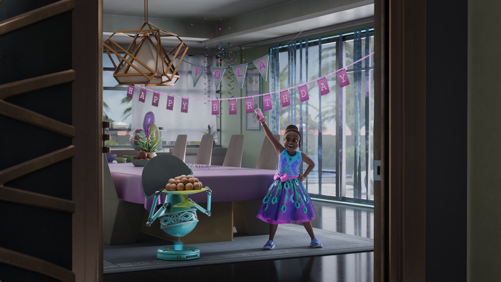 HD desktop wallpaper featuring a scene from the TV show Iwájú with a young animated character celebrating in a festive room.