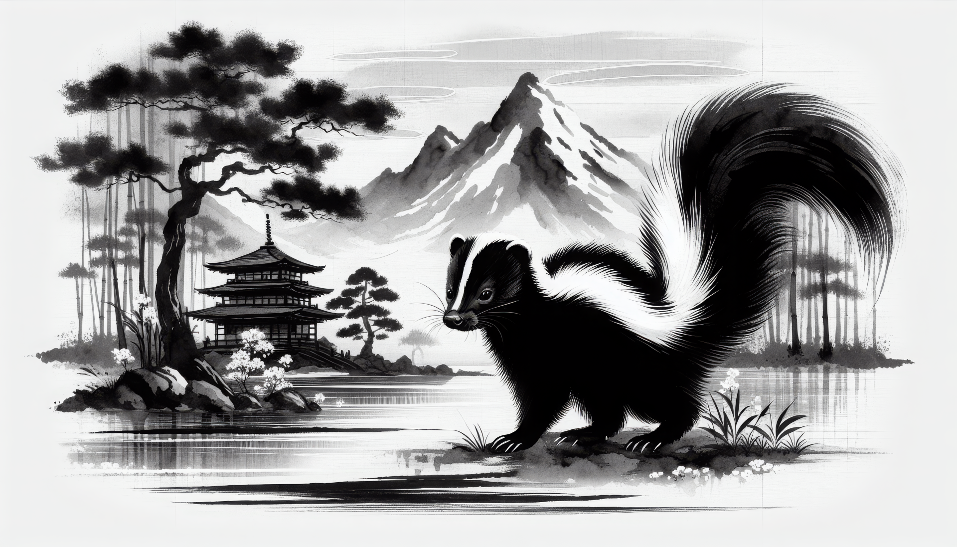 A striking HD desktop wallpaper featuring a skunk in a serene landscape with mountains and a traditional pagoda, beautifully captured in black and white artistry.