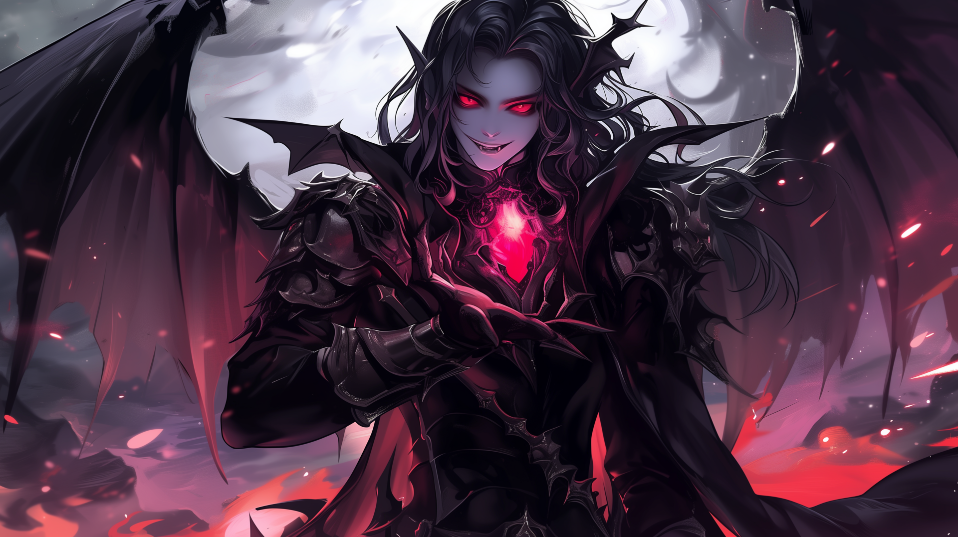 Fantasy AI art HD desktop wallpaper featuring a sinister vampire with glowing eyes and a mystical orb, set against a dark, atmospheric backdrop.