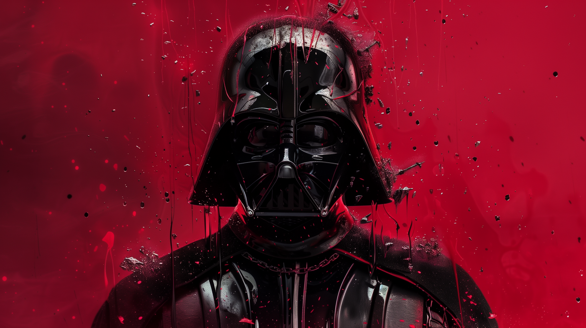 HD wallpaper featuring Darth Vader from Star Wars, set against a striking red background with abstract splashes, capturing the iconic character's imposing presence.