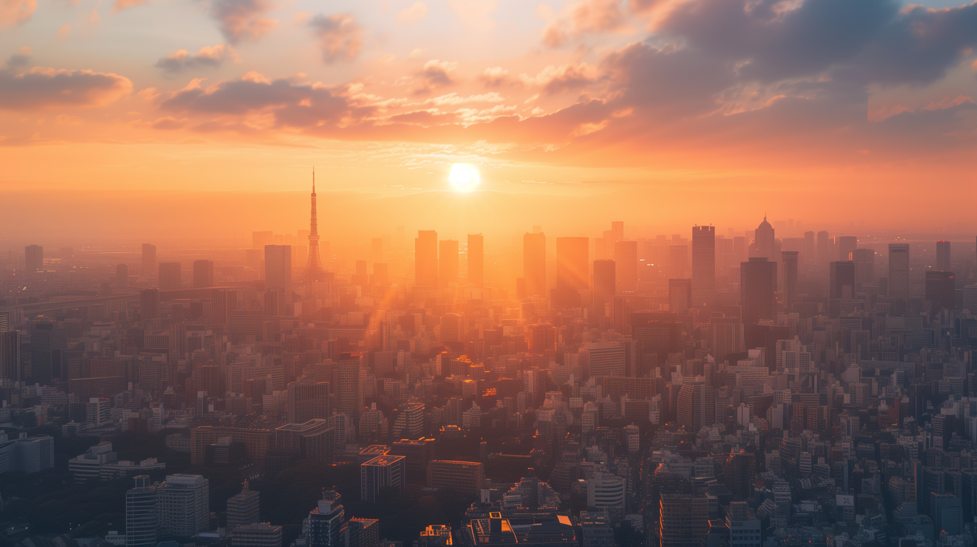 Stunning HD wallpaper of Tokyo skyline at sunset with radiant clouds and warm sunlight bathing the city.