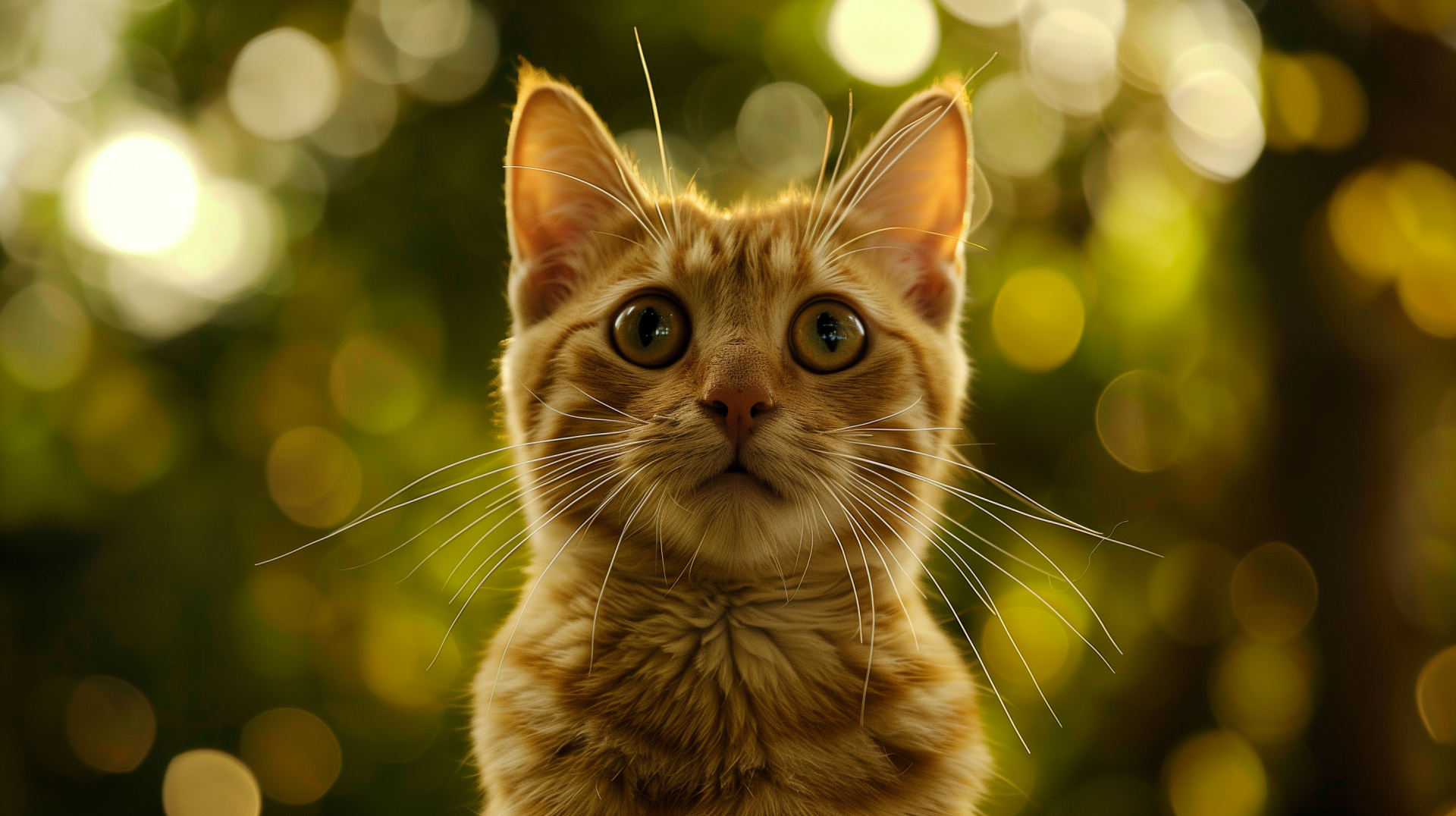 HD desktop wallpaper featuring an adorable orange tabby cat with striking eyes against a bokeh light background.