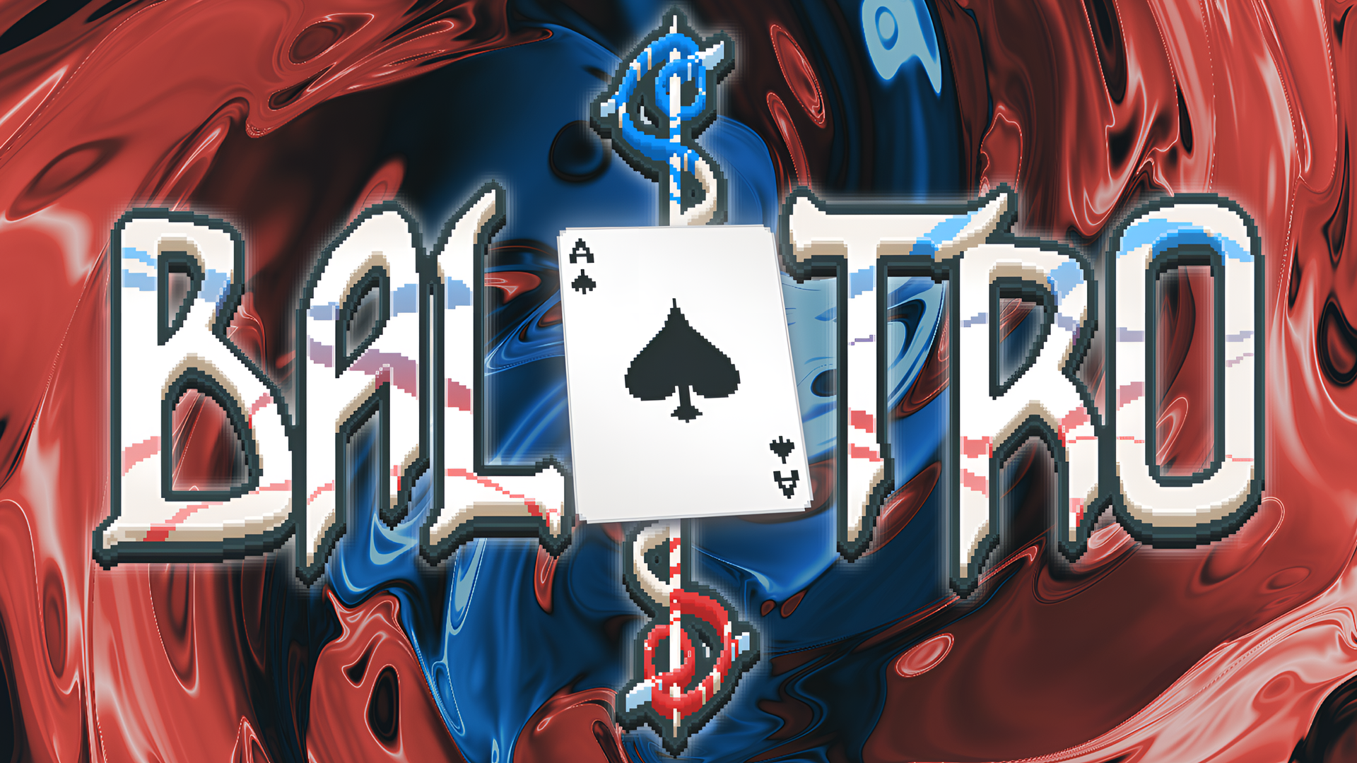 HD wallpaper featuring the Balatro video game logo with stylized spade symbol on a dynamic red and blue background.