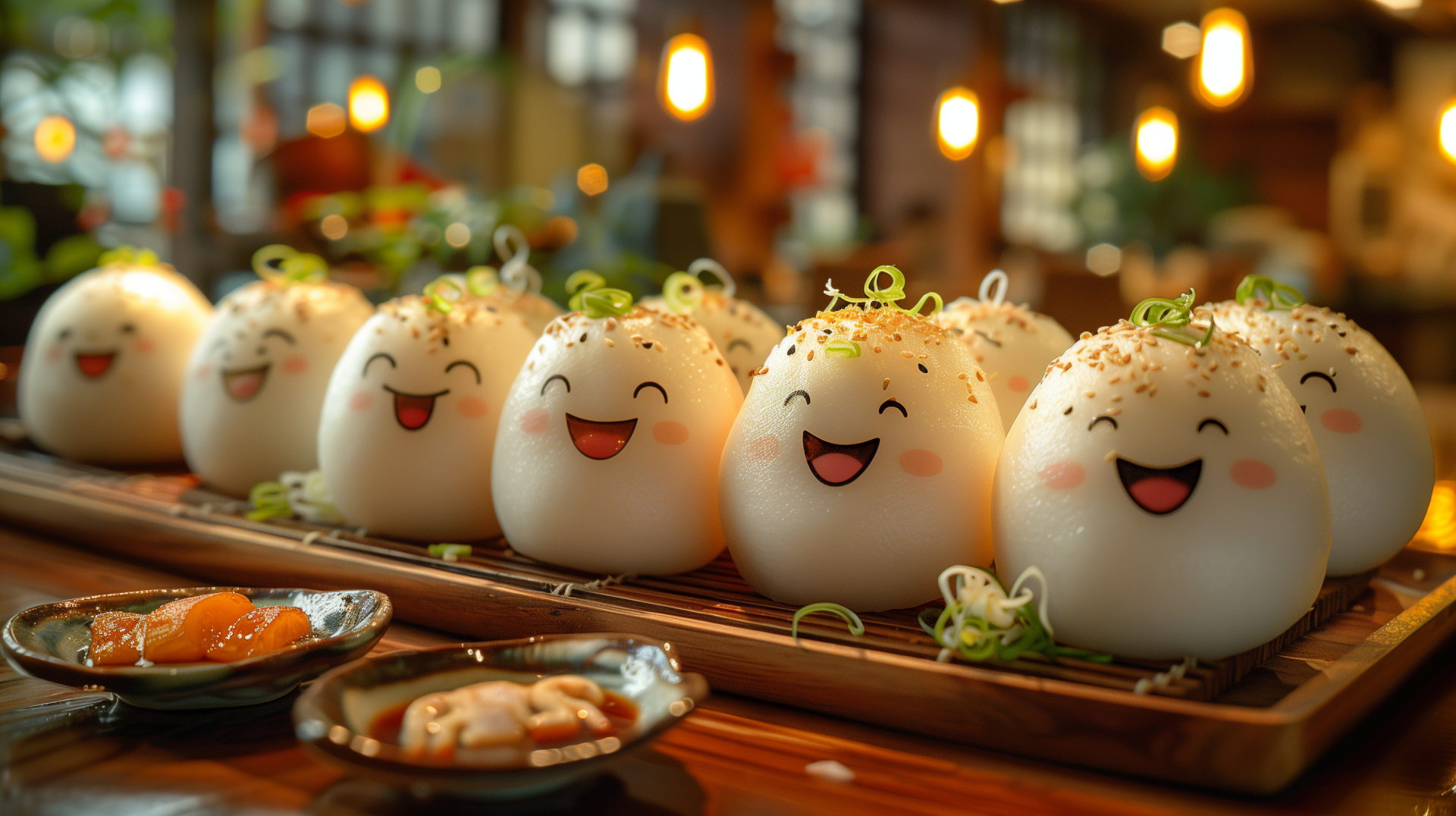 A colorful HD desktop wallpaper featuring cute dumplings with smiling faces, garnished with scallions, arranged on a wooden platter with small dishes in the foreground.
