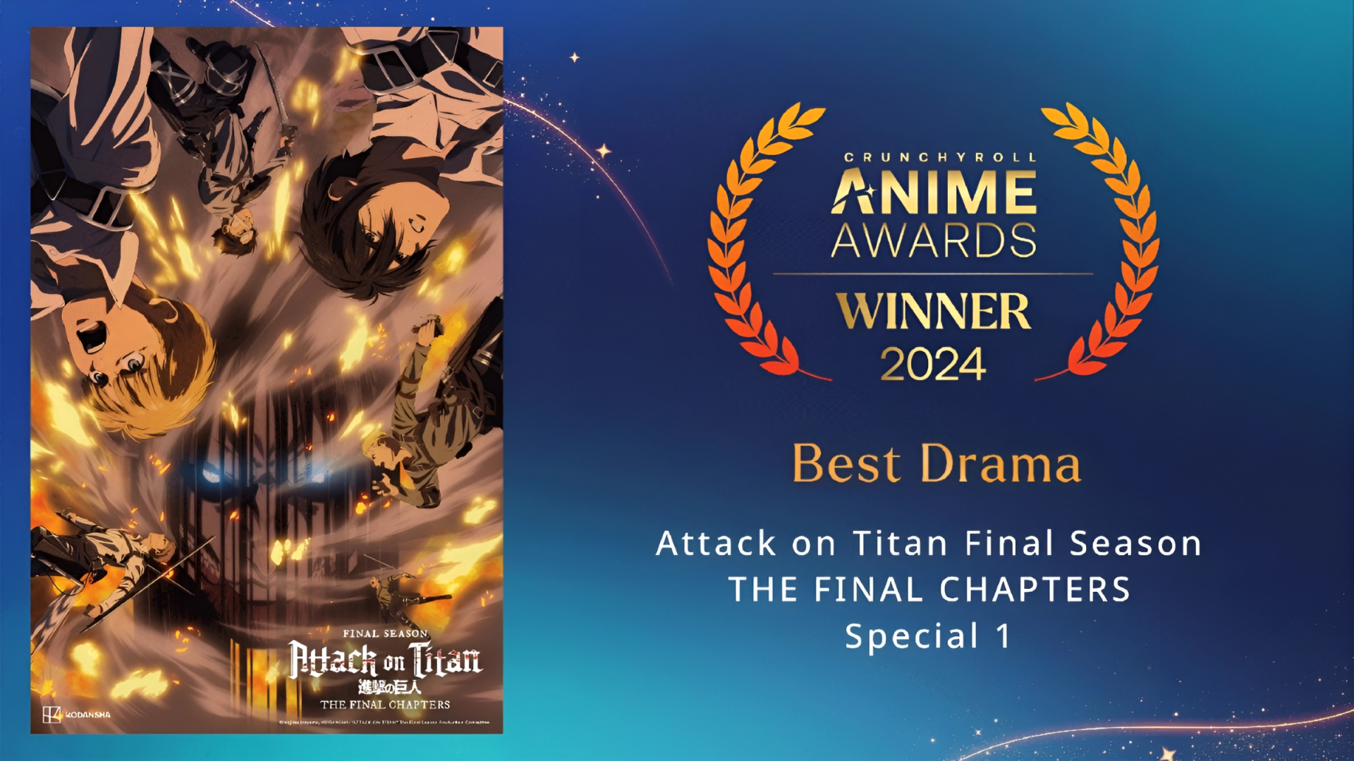 HD PC desktop wallpaper featuring artwork from Attack on Titan Final Season, showcasing dynamic anime characters with a 2024 Anime Awards winner emblem for Best Drama.