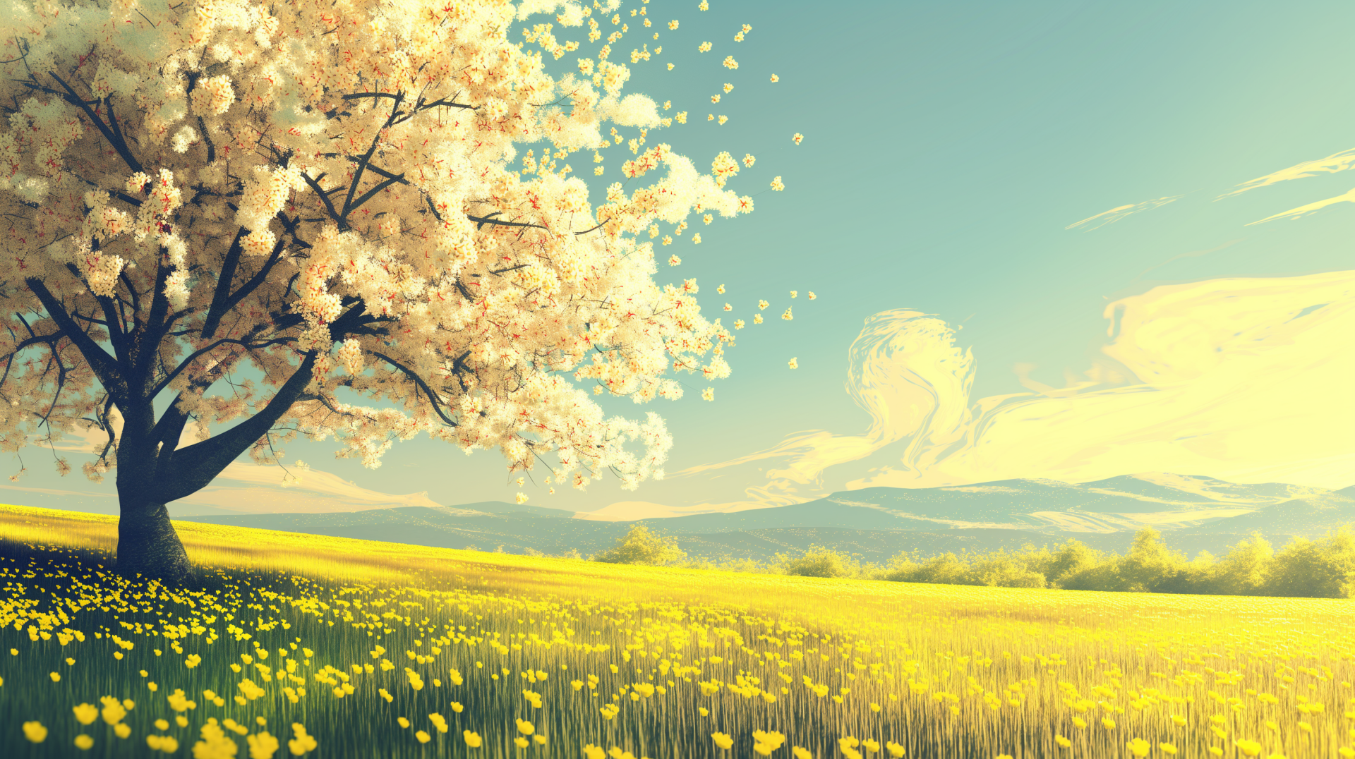 Spring cherry blossom tree in bloom with a field of yellow flowers, HD desktop wallpaper and background.