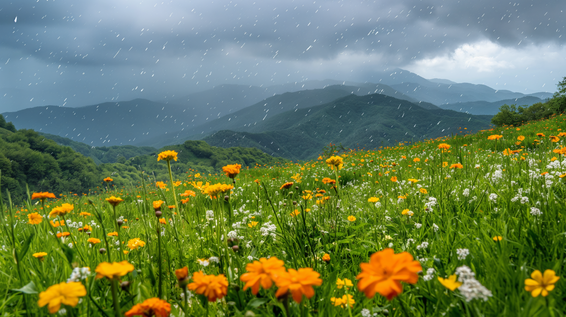 HD Wallpaper: Springtime Rain Shower Over Vibrant Flower Meadow with Mountain Backdrop