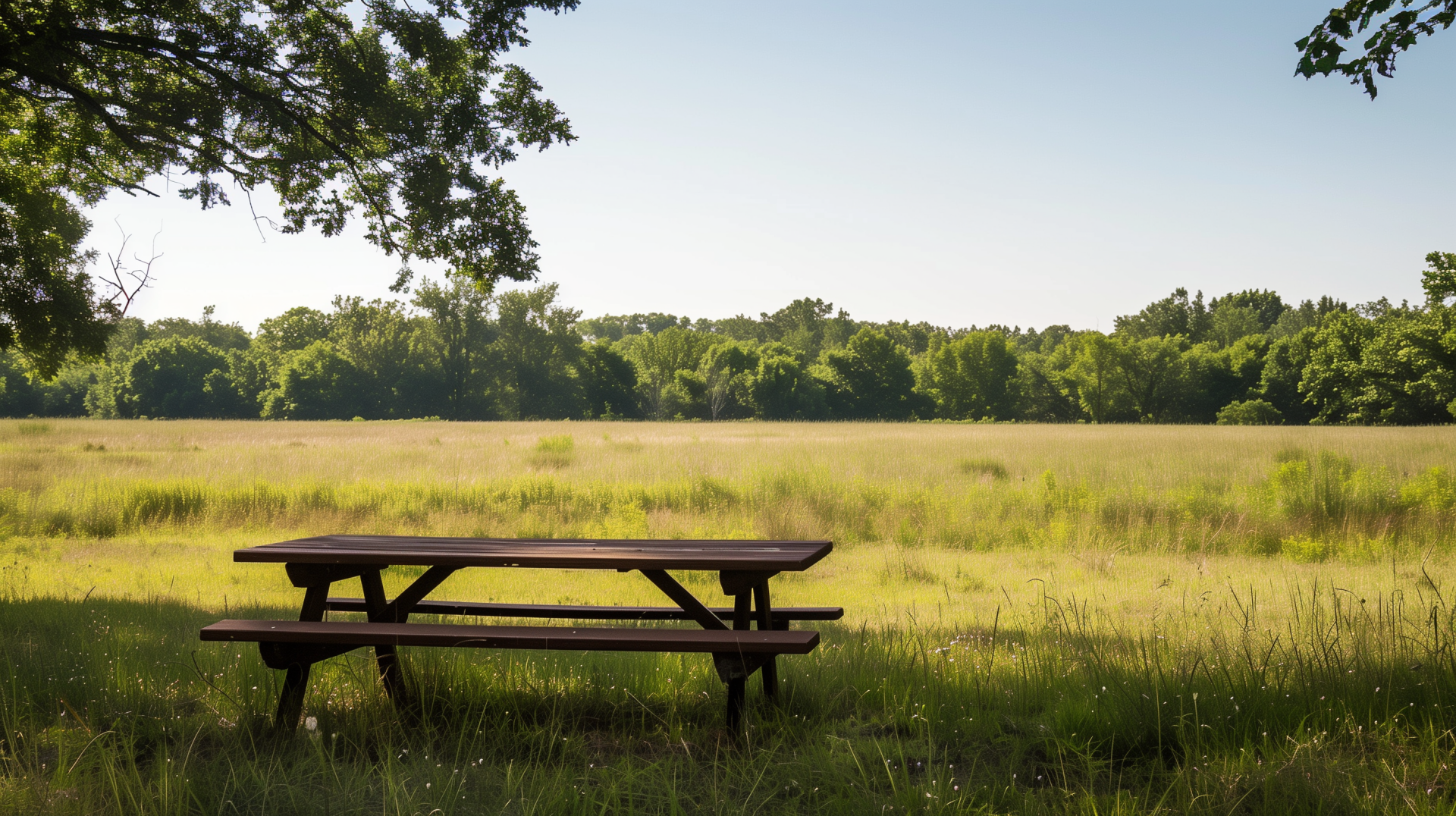 A serene picnic table sits in a lush green field, framed by trees under a clear blue sky, creating a peaceful atmosphere for outdoor relaxation. HD desktop wallpaper and background.