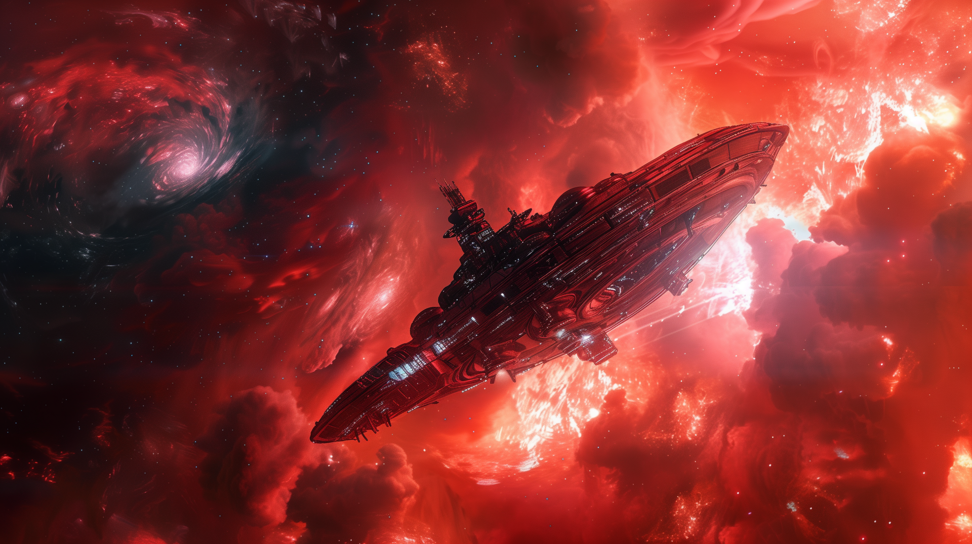 HD wallpaper featuring a spaceship soaring through a vibrant cosmic nebula with fiery red and orange hues.