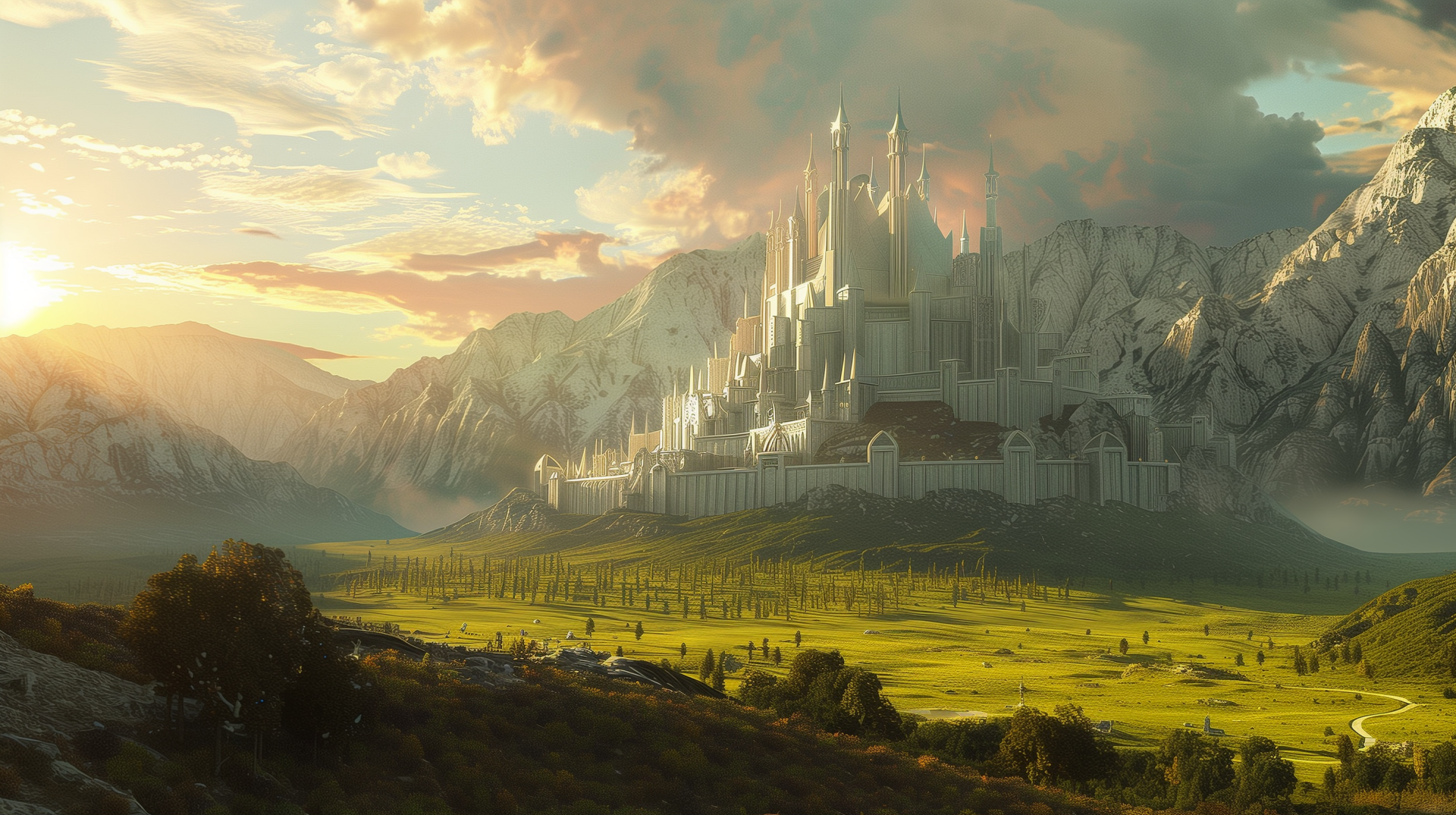 HD desktop wallpaper featuring Lord of the Rings fan art depicting a majestic fantasy castle amidst a scenic landscape with mountains in the background.