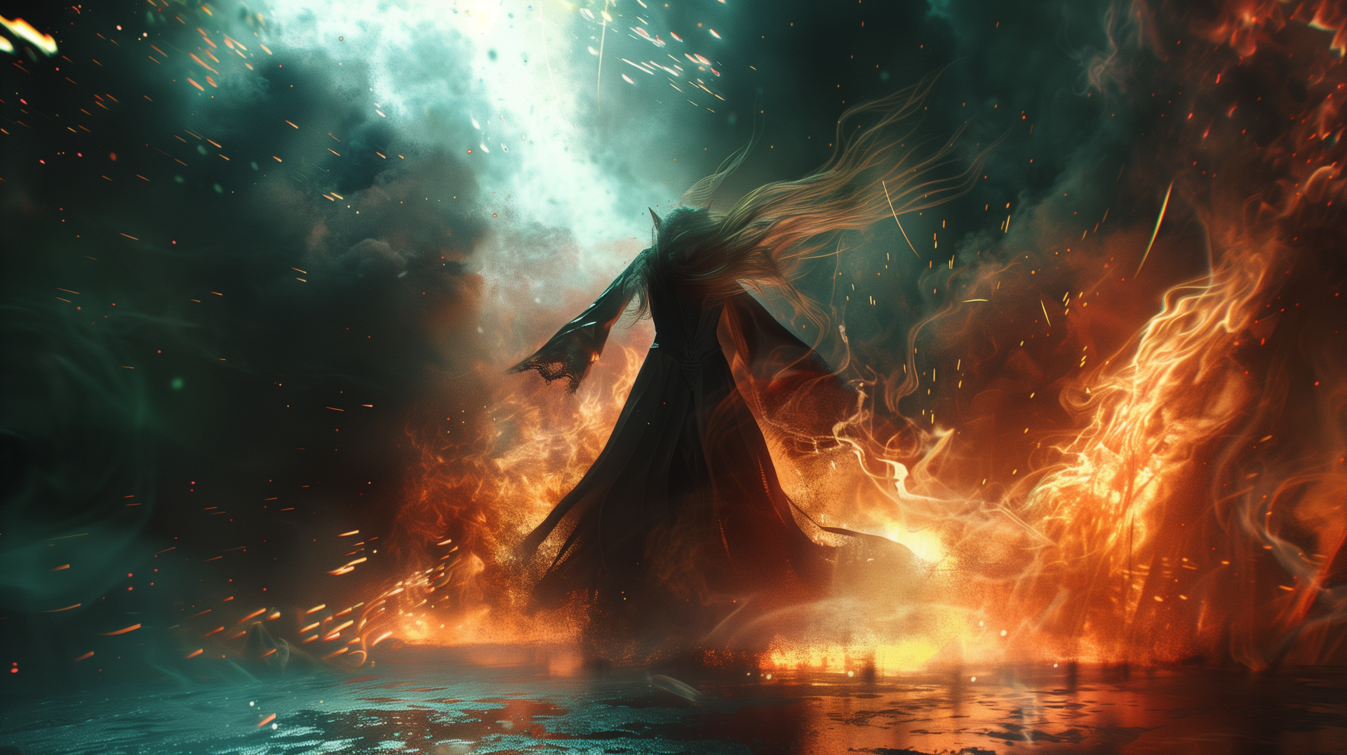 HD Lord of the Rings fan art wallpaper depicting an epic fantasy battle scene with mystical fire and magical elements for desktop backgrounds.