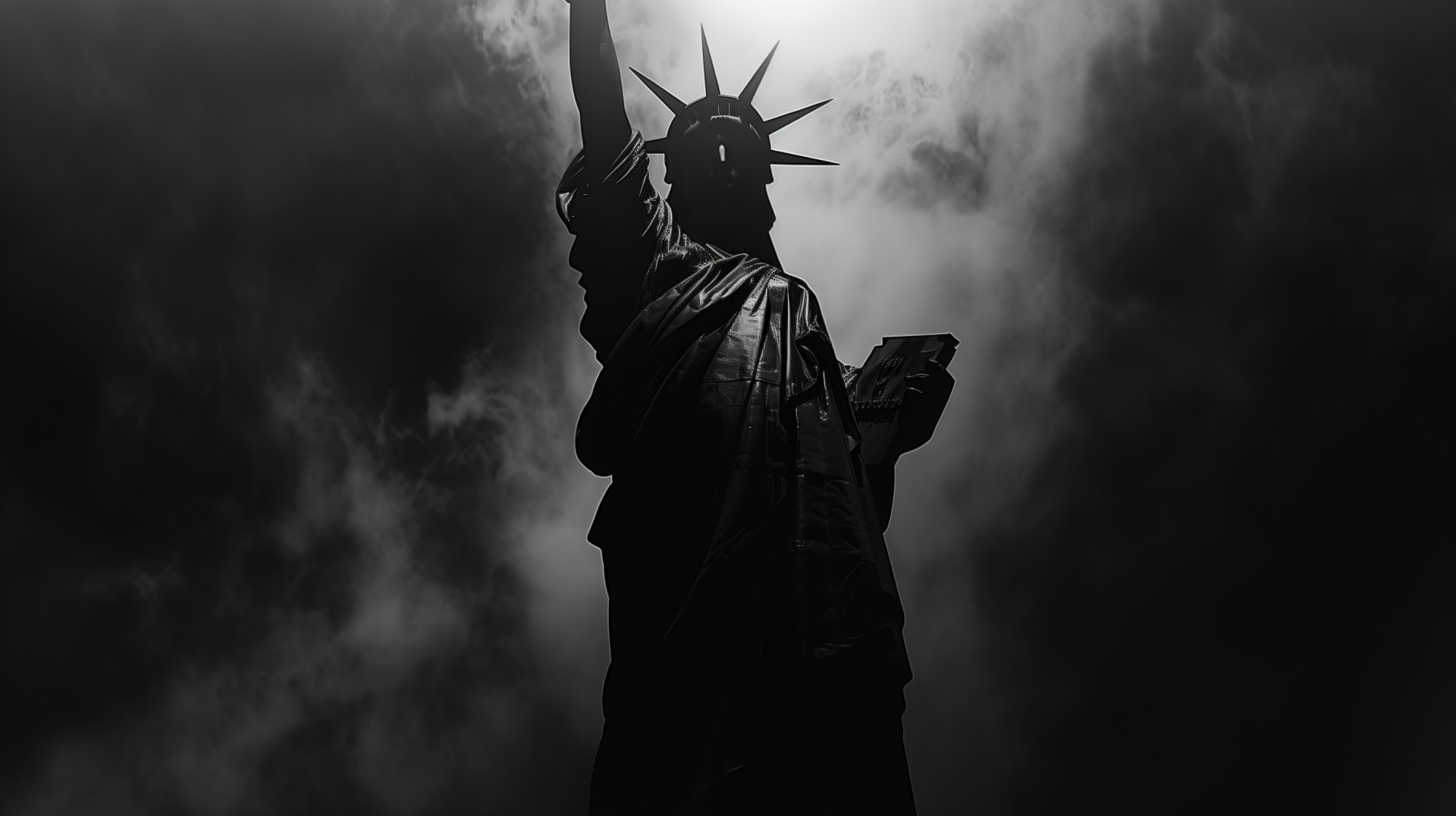 A dramatic black and white image of the Statue of Liberty rising against a cloudy sky, serving as a striking HD desktop wallpaper and background from New York.