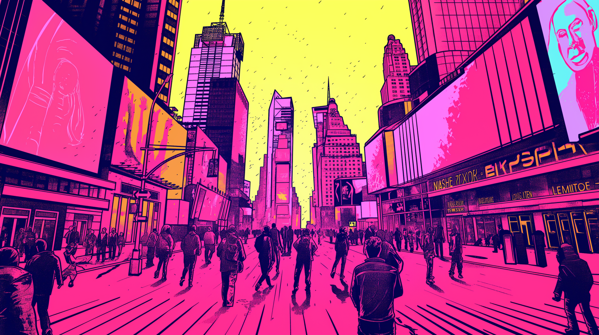 A vibrant HD desktop wallpaper of Times Square, New York, showcasing a bustling scene filled with colorful skyscrapers and lively pedestrians under a bright yellow sky.