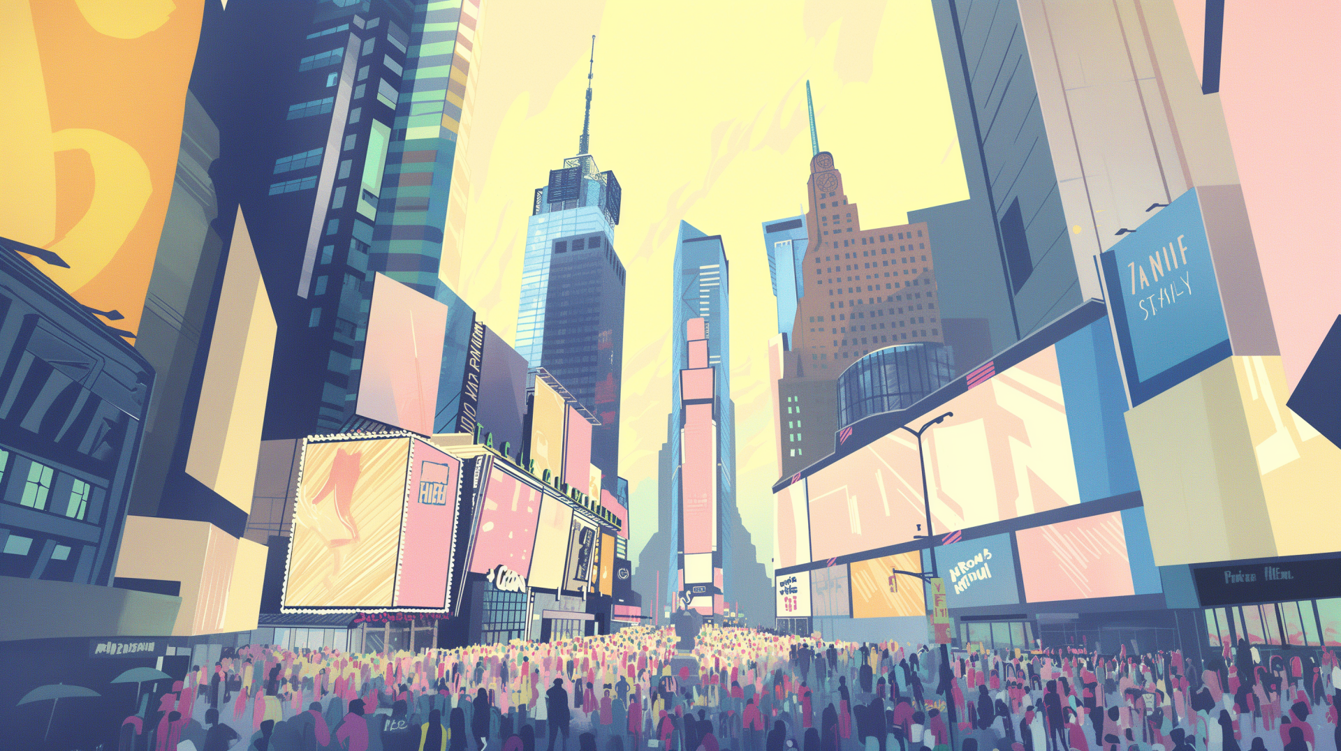 HD desktop wallpaper featuring an artistic rendering of a bustling Times Square in New York with vibrant colors and crowds.