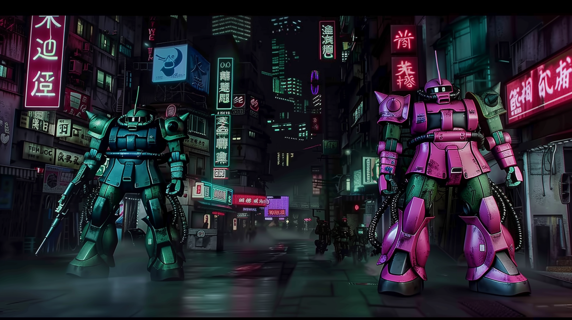 HD desktop wallpaper featuring Gundam and Zaku mechs in a neon-lit cityscape for anime background enthusiasts.