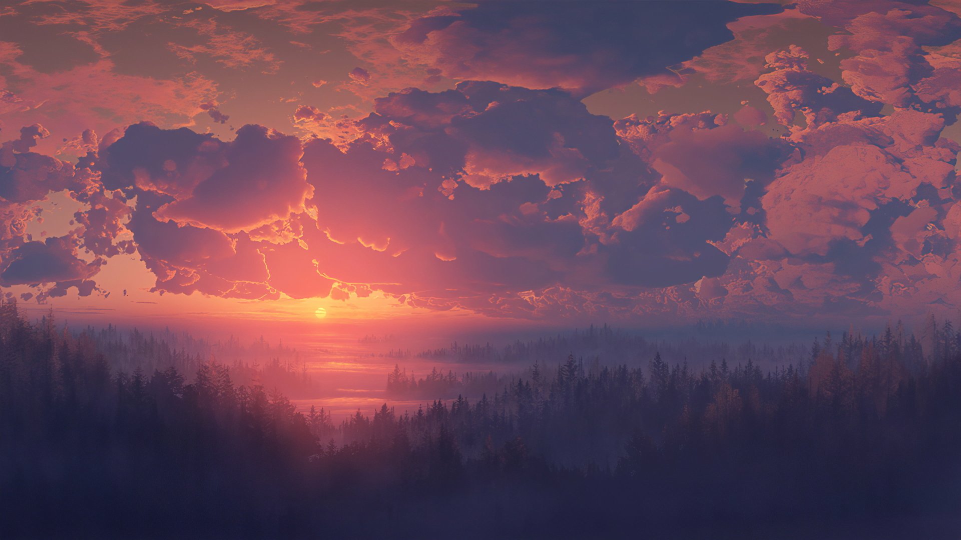 Digital artistic landscape of a vivid sunset with glowing clouds over a dark forest, rendered in 4K Ultra HD for a striking PC desktop wallpaper and background.