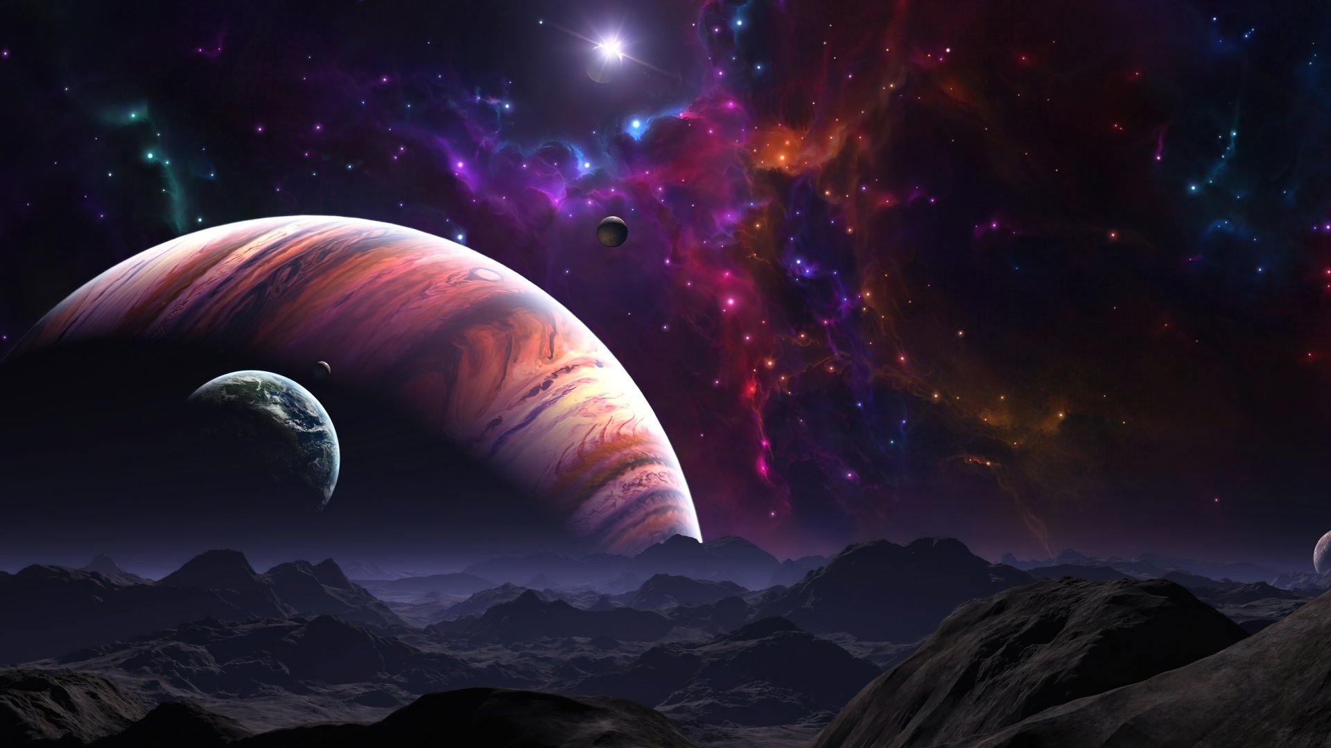 4K Ultra HD desktop wallpaper depicting a vibrant galaxy with colorful stars, a large striped planet, a smaller moon, and a rocky foreground set against the vast universe.