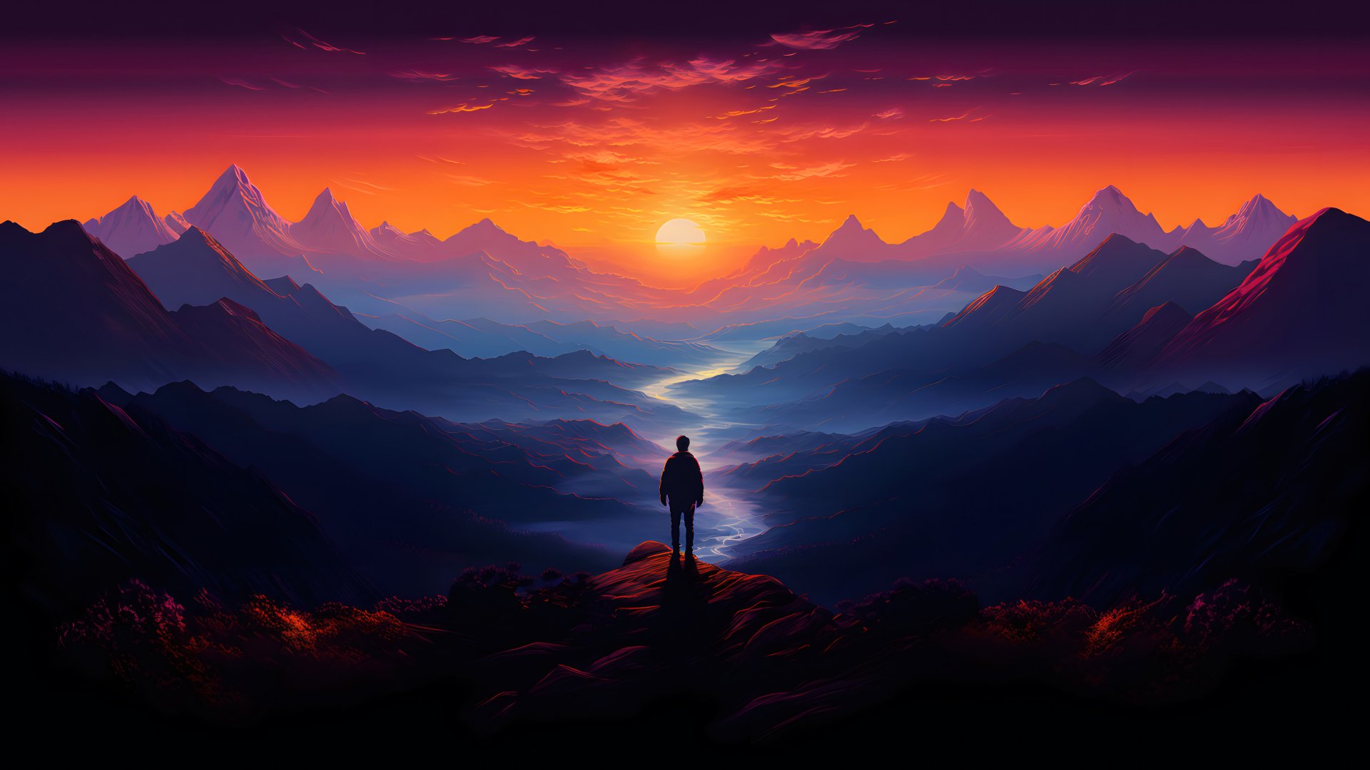 Digital art 4K Ultra HD wallpaper of a lone figure standing on a mountain ridge overlooking clouds and a glowing sunset sky above a vast mountain range.