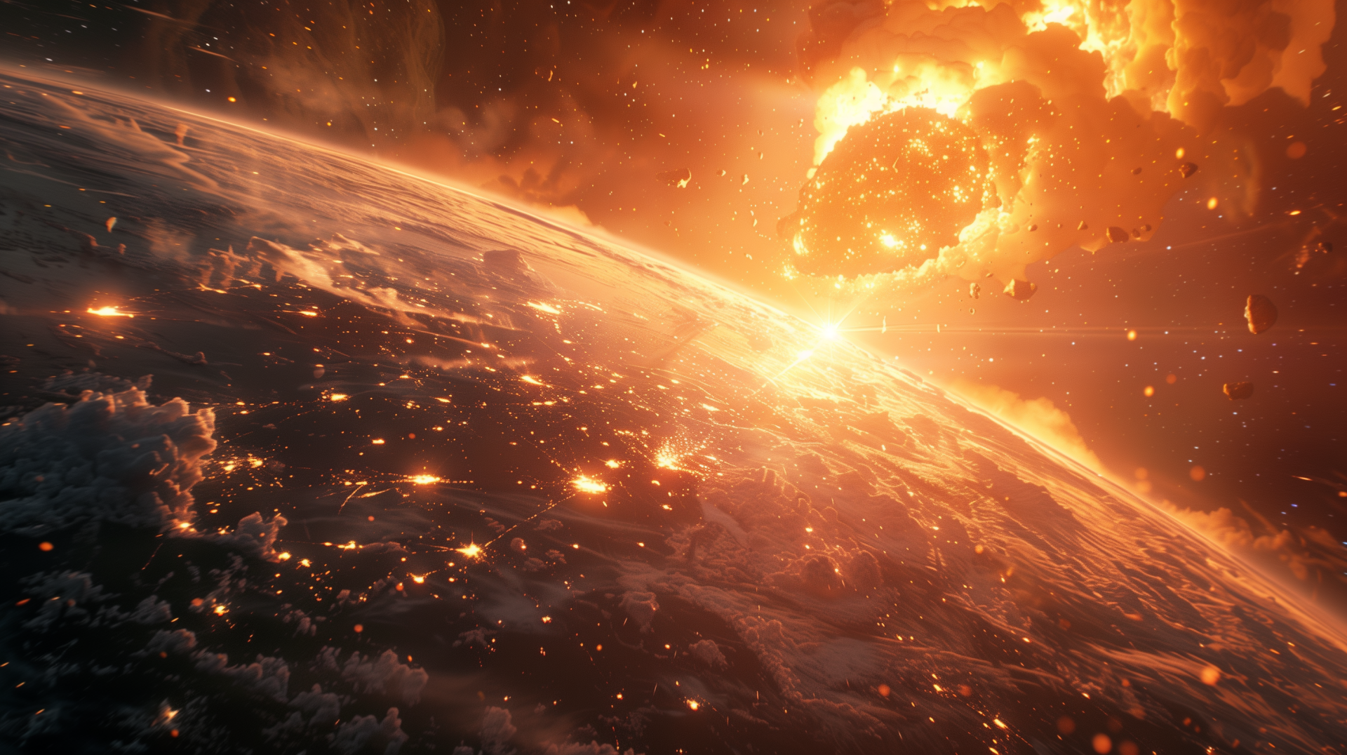 HD desktop wallpaper of a meteorite event above Earth's atmosphere with fiery effects and space elements.