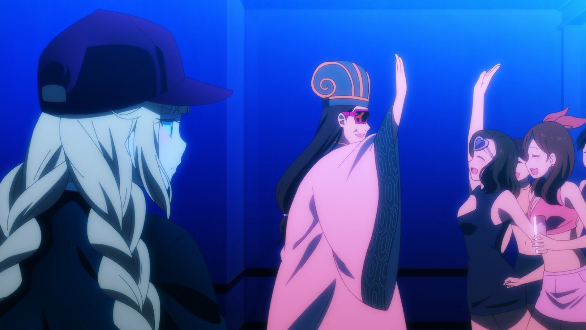 HD wallpaper featuring characters from the anime Ya Boy Kongming! with a vibrant club scene in the background.