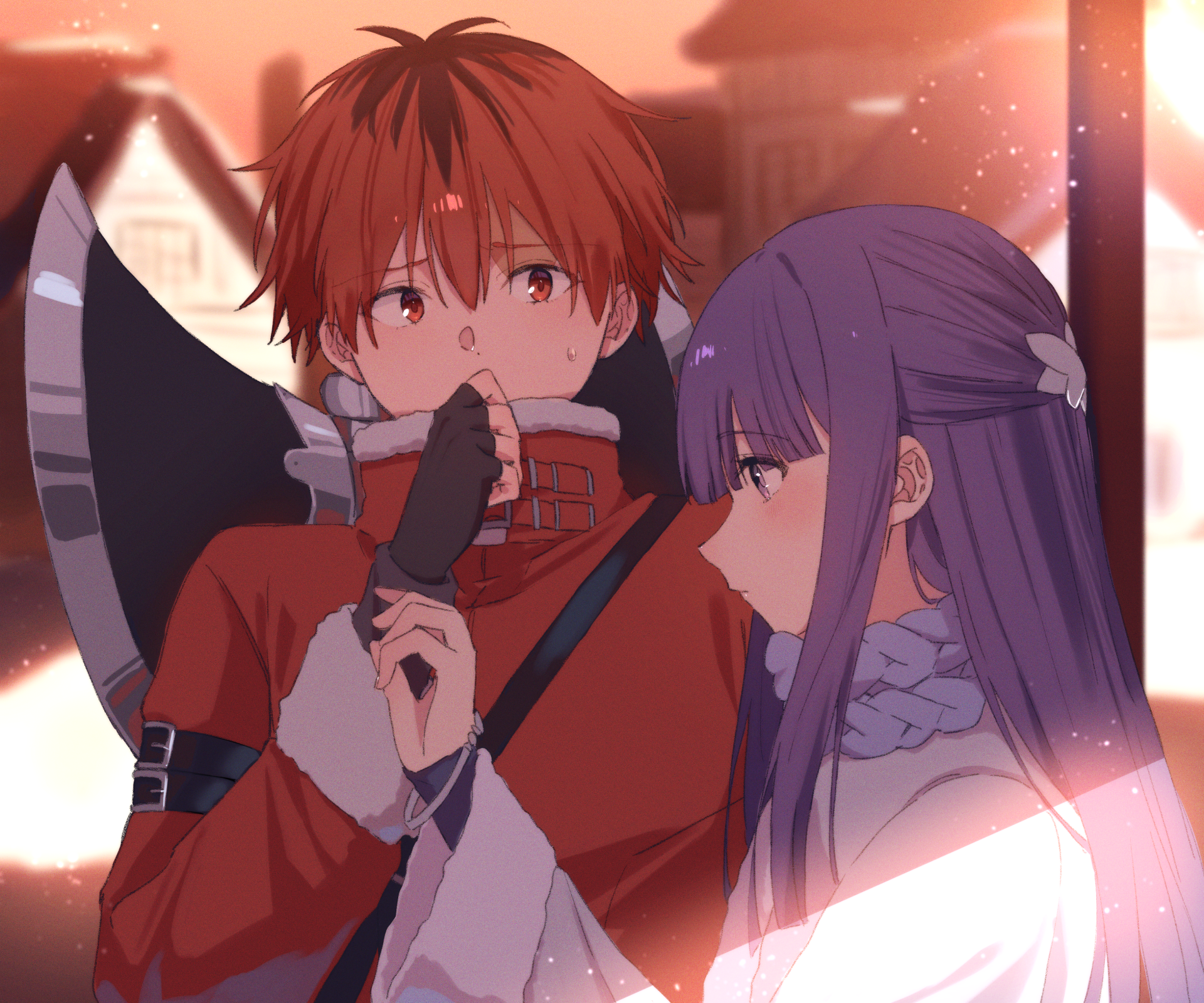 HD anime wallpaper from Frieren: Beyond Journey's End featuring Stark and Fern in a softly lit, warm-toned scene with detailed character expressions.