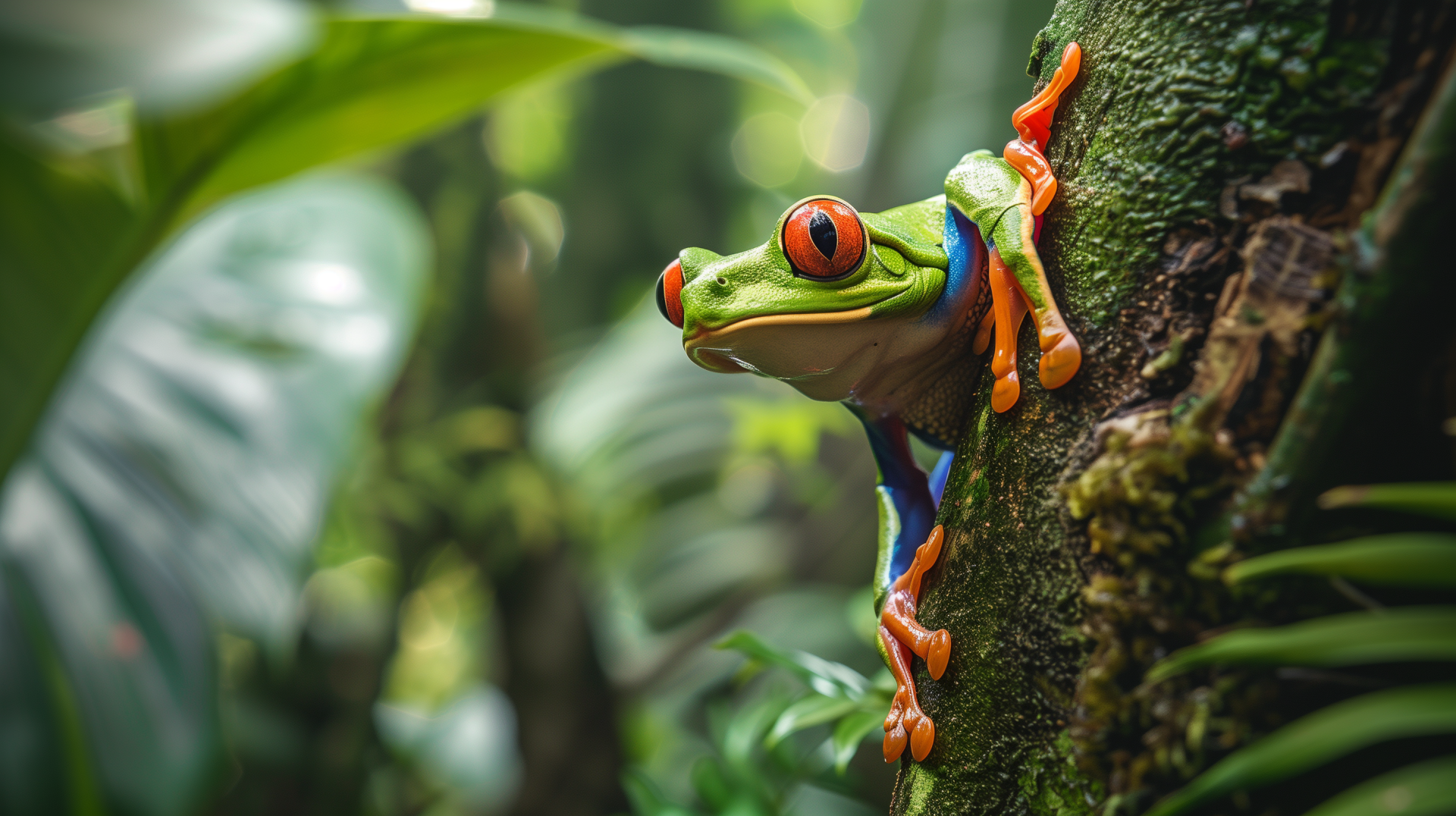 A vibrant tree frog clings to a mossy tree trunk in a lush rainforest, creating a stunning HD desktop wallpaper and background full of natural beauty.
