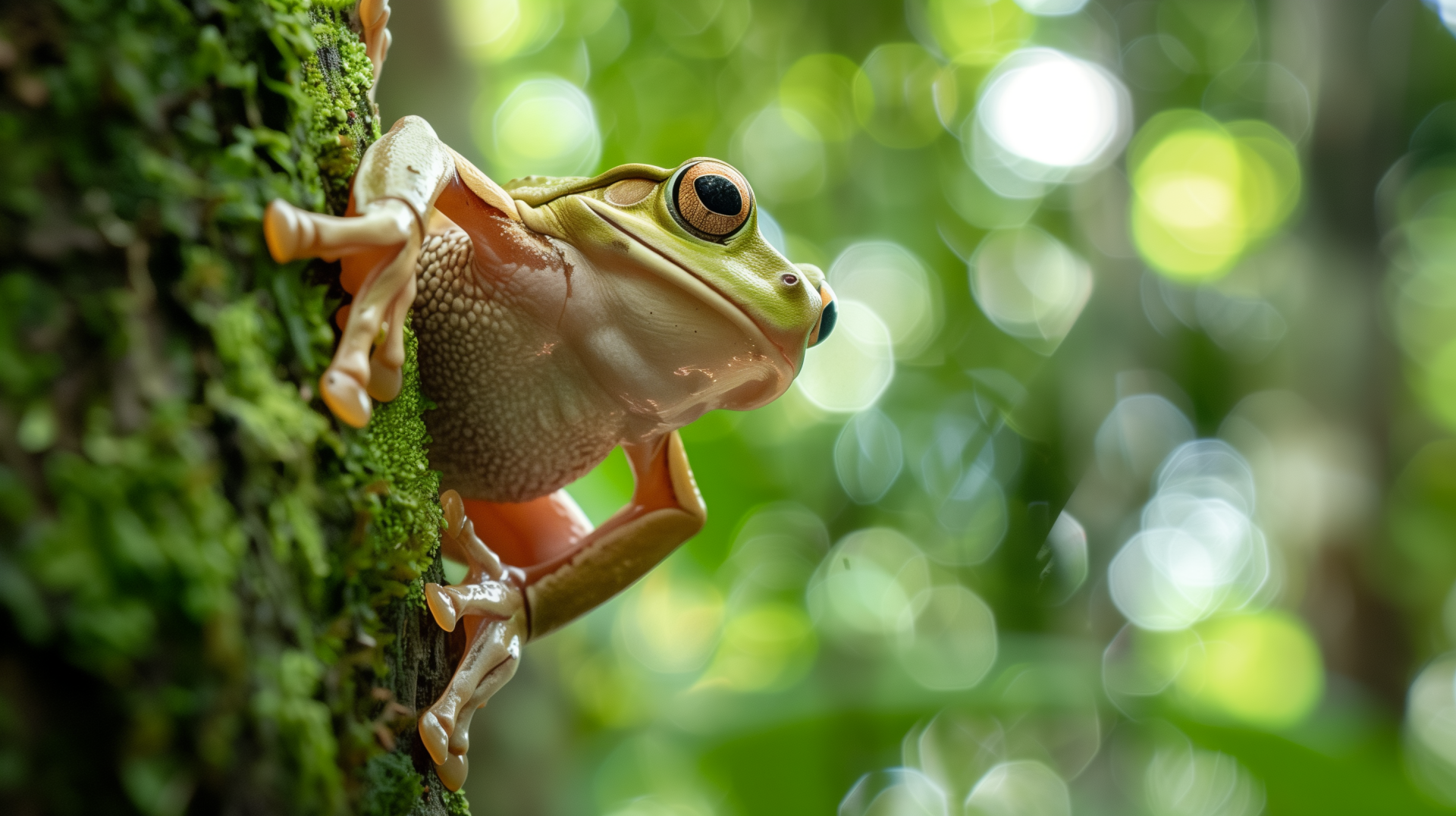 HD desktop wallpaper of a tree frog perched on a green moss-covered tree with a bokeh background.