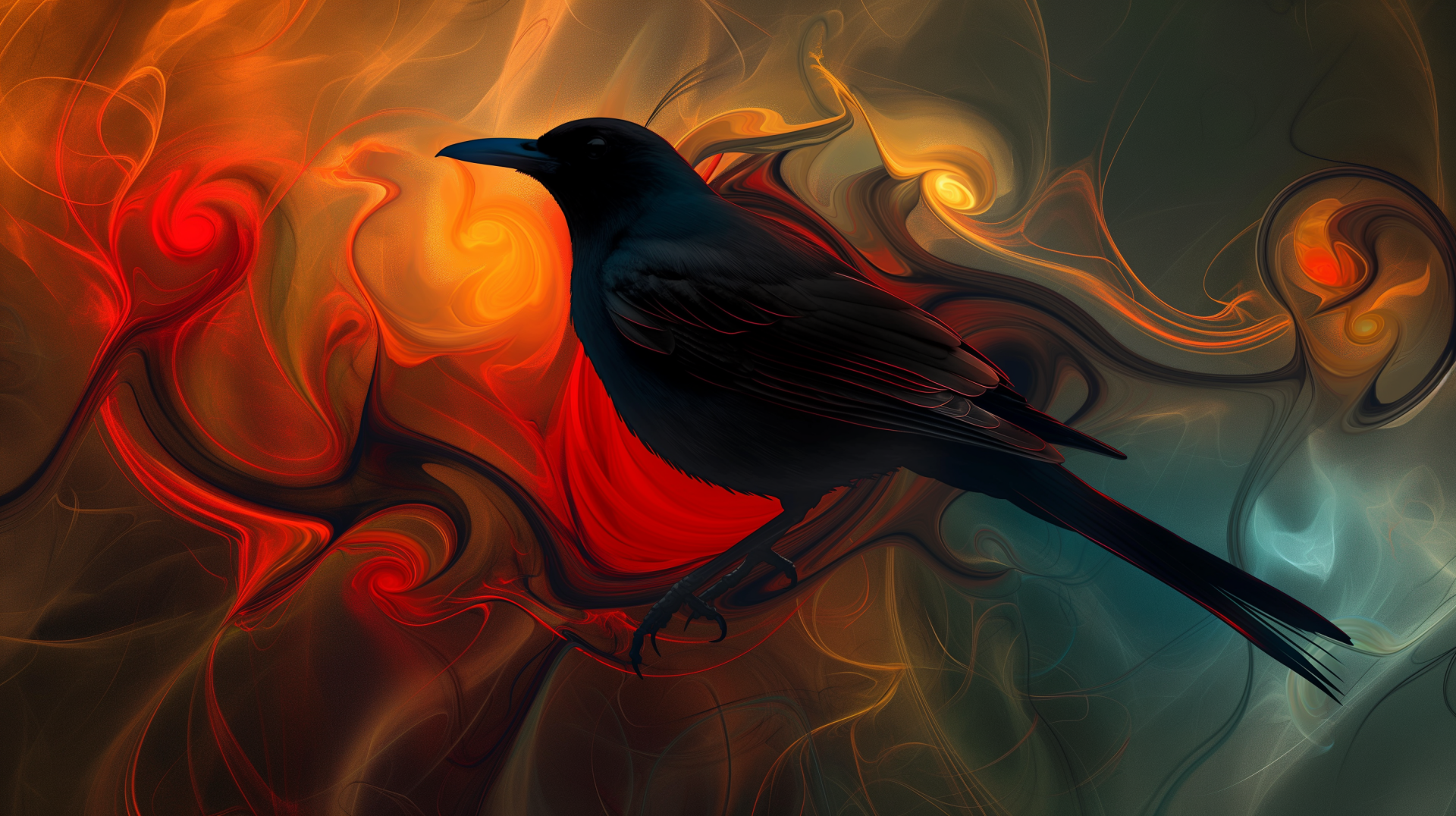 HD wallpaper of a majestic black bird perched with a swirling red and orange abstract background for desktop.