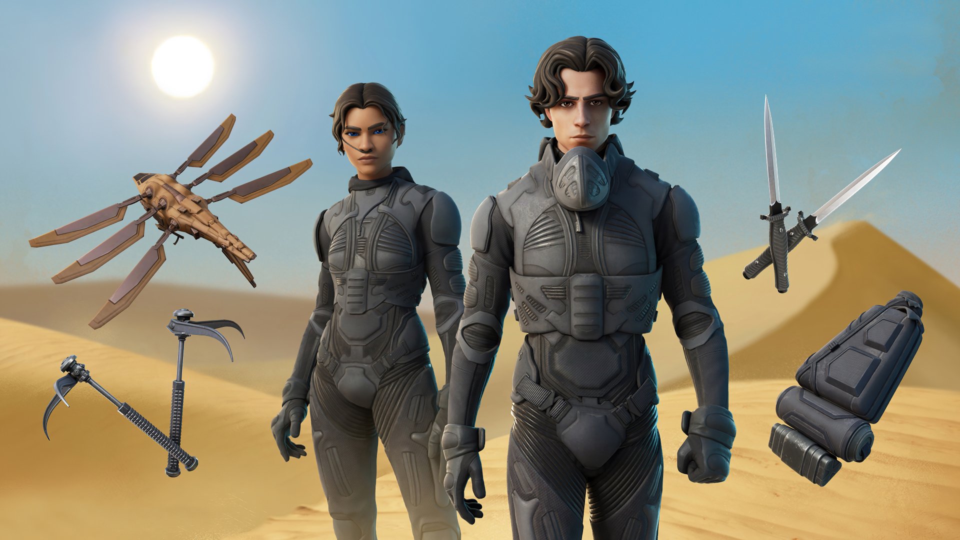 HD desktop wallpaper featuring Fortnite's Dune crossover with two character skins, weapons, and a desert backdrop.
