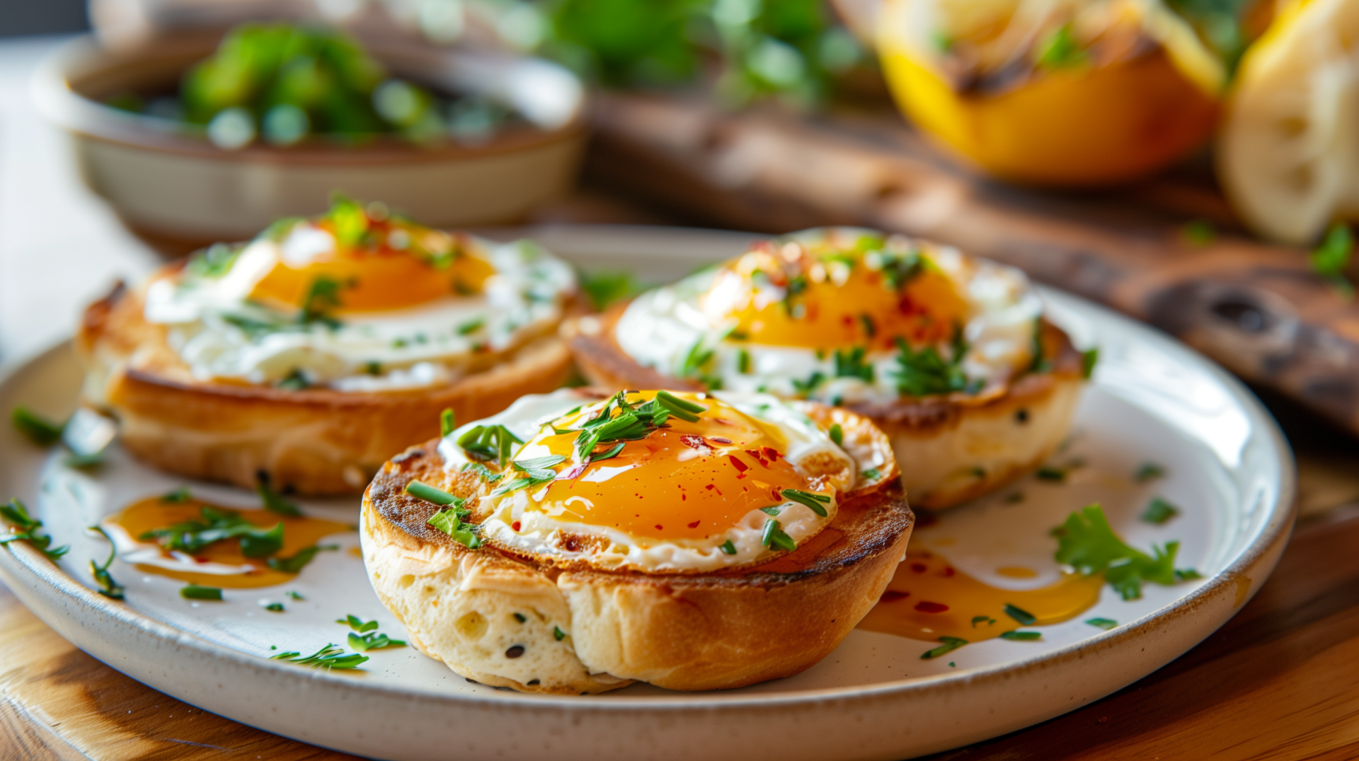 A close-up of three toasted English muffins topped with sunny-side-up eggs and fresh herbs, served on a white plate, creating an inviting breakfast scene. HD desktop wallpaper.