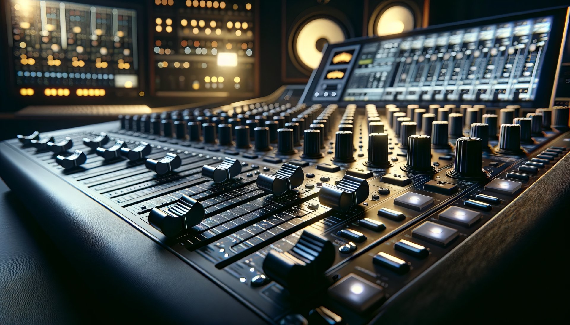 High-definition desktop wallpaper featuring a close-up of an advanced music mixer console with illuminated buttons and sliders, encapsulating modern music production technology.
