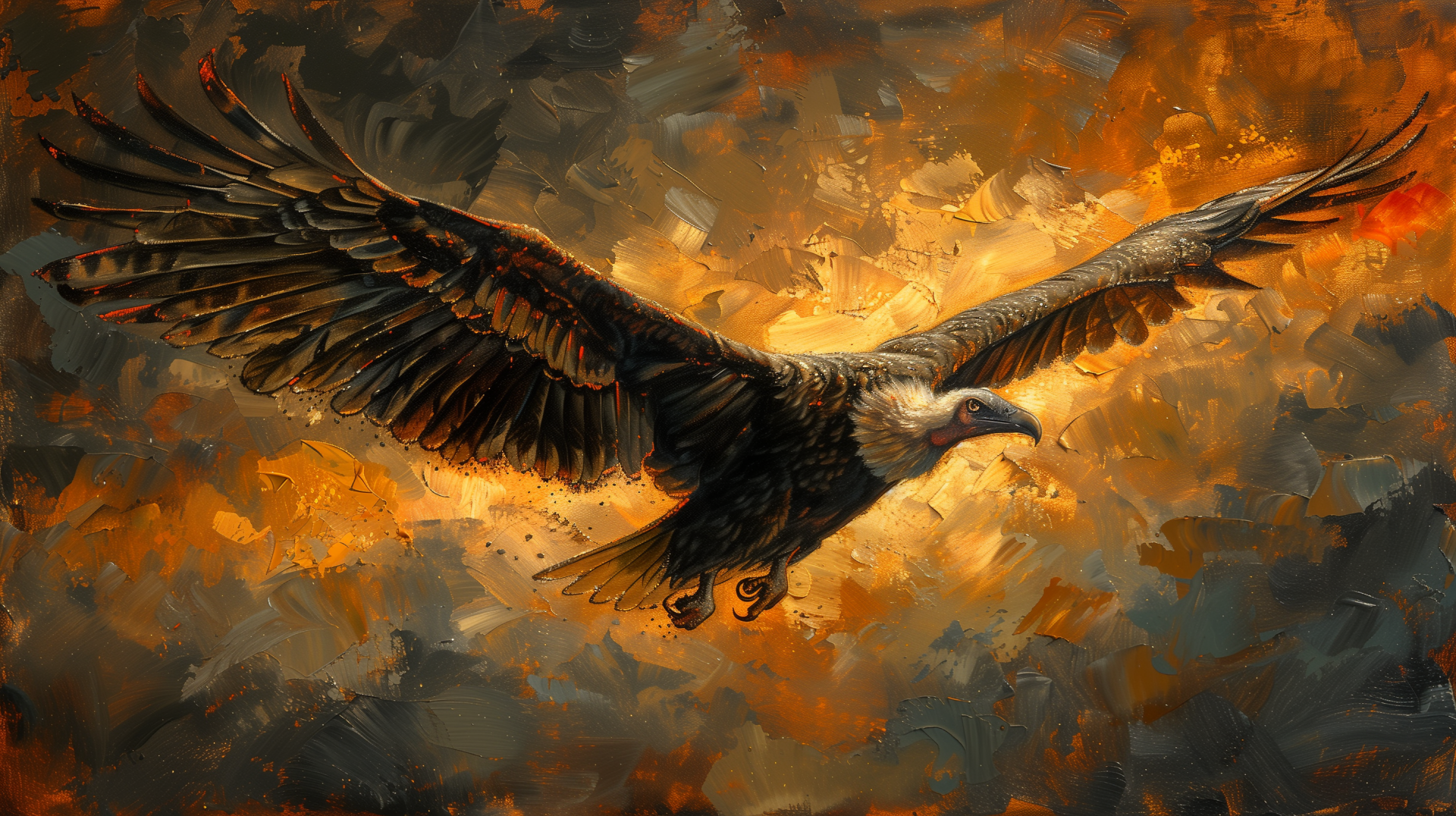 Majestic vulture soaring with wings spread in HD wallpaper with fiery abstract background.
