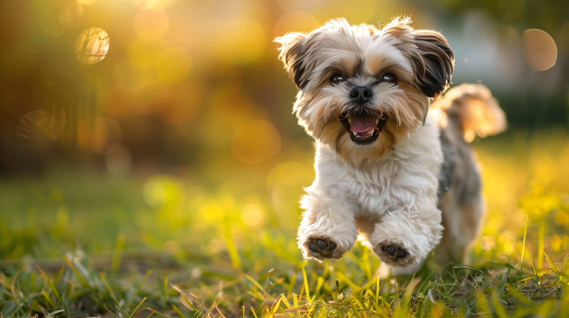 Adorable Shih Tzu running on a sunny field, HD desktop wallpaper and background.