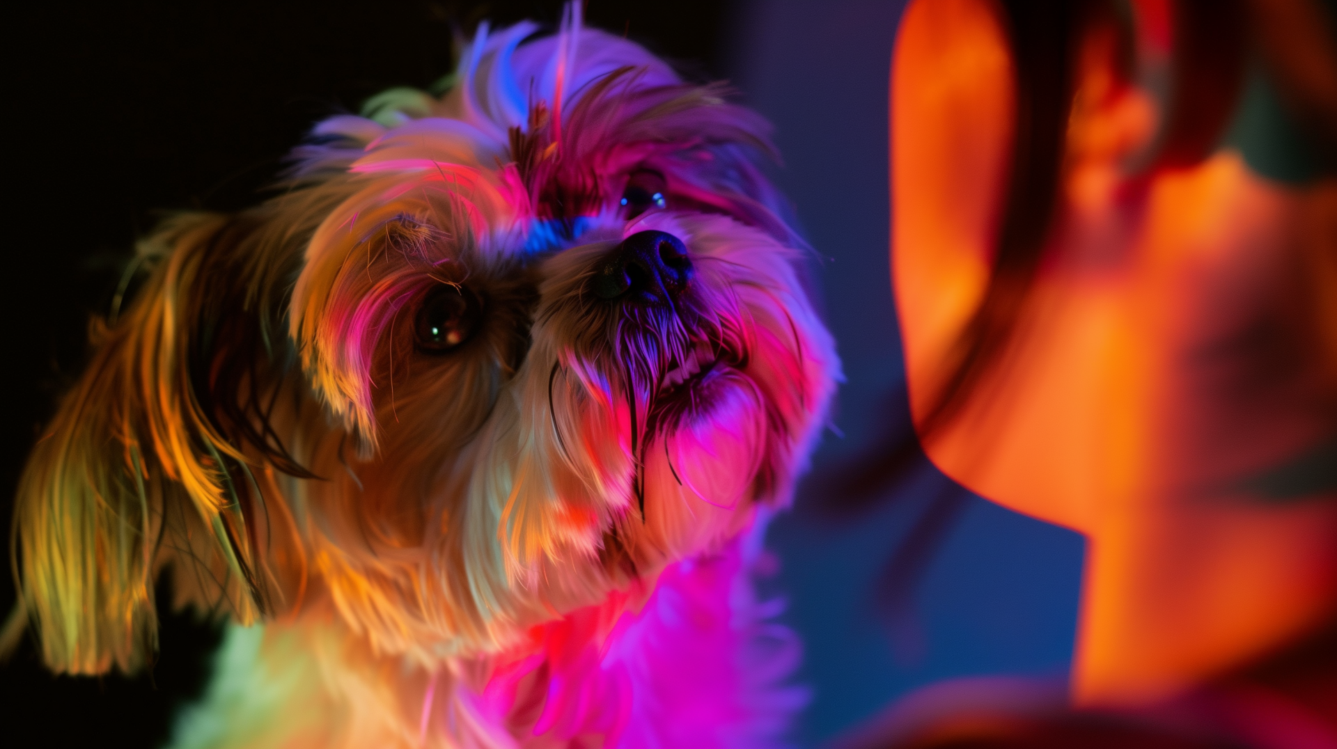 Colorful HD desktop wallpaper featuring a Shih Tzu dog looking at a human, with a vibrant neon glow background.