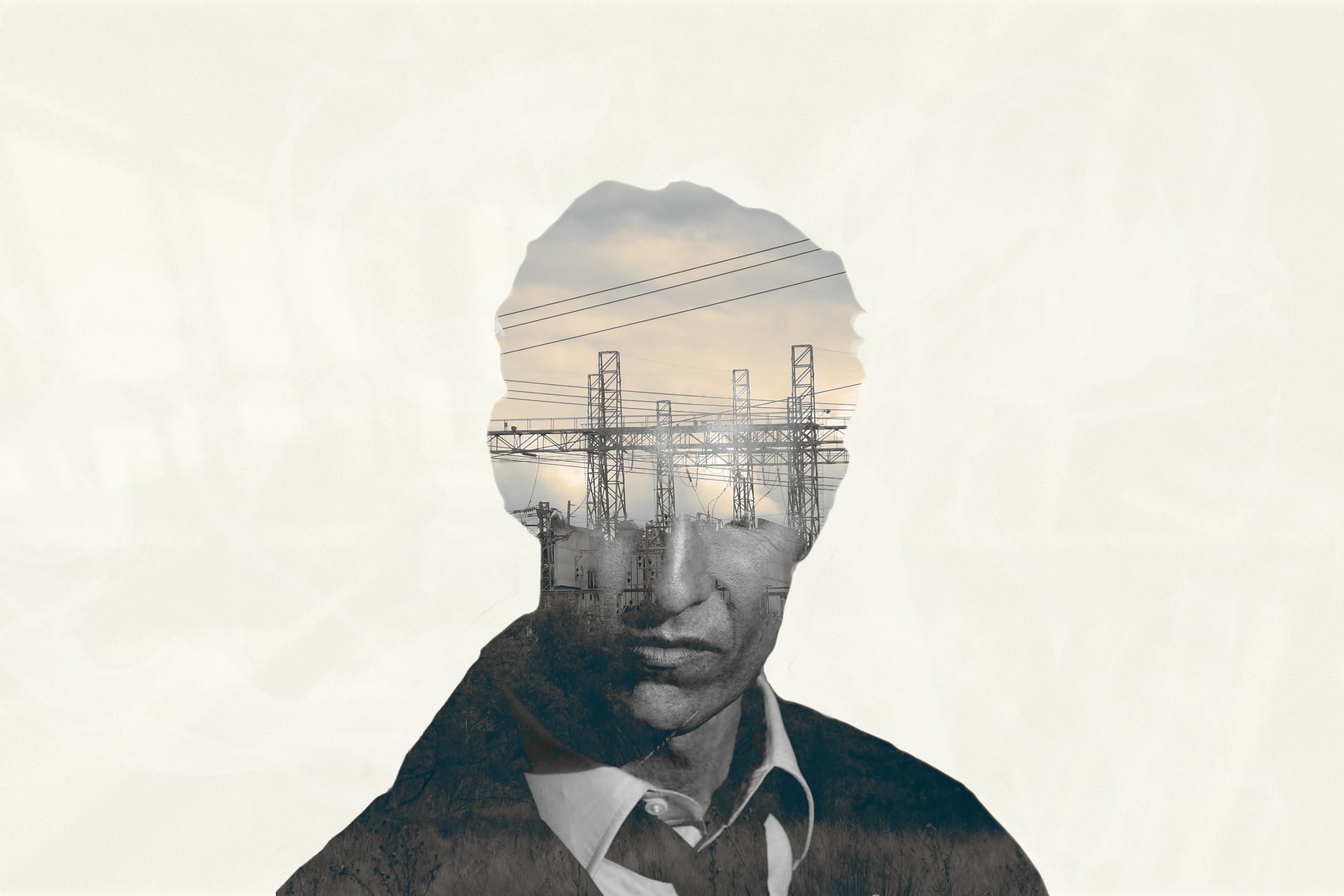 Artistic True Detective HD desktop wallpaper featuring a silhouette of a man with an overlay of power lines and an industrial landscape.