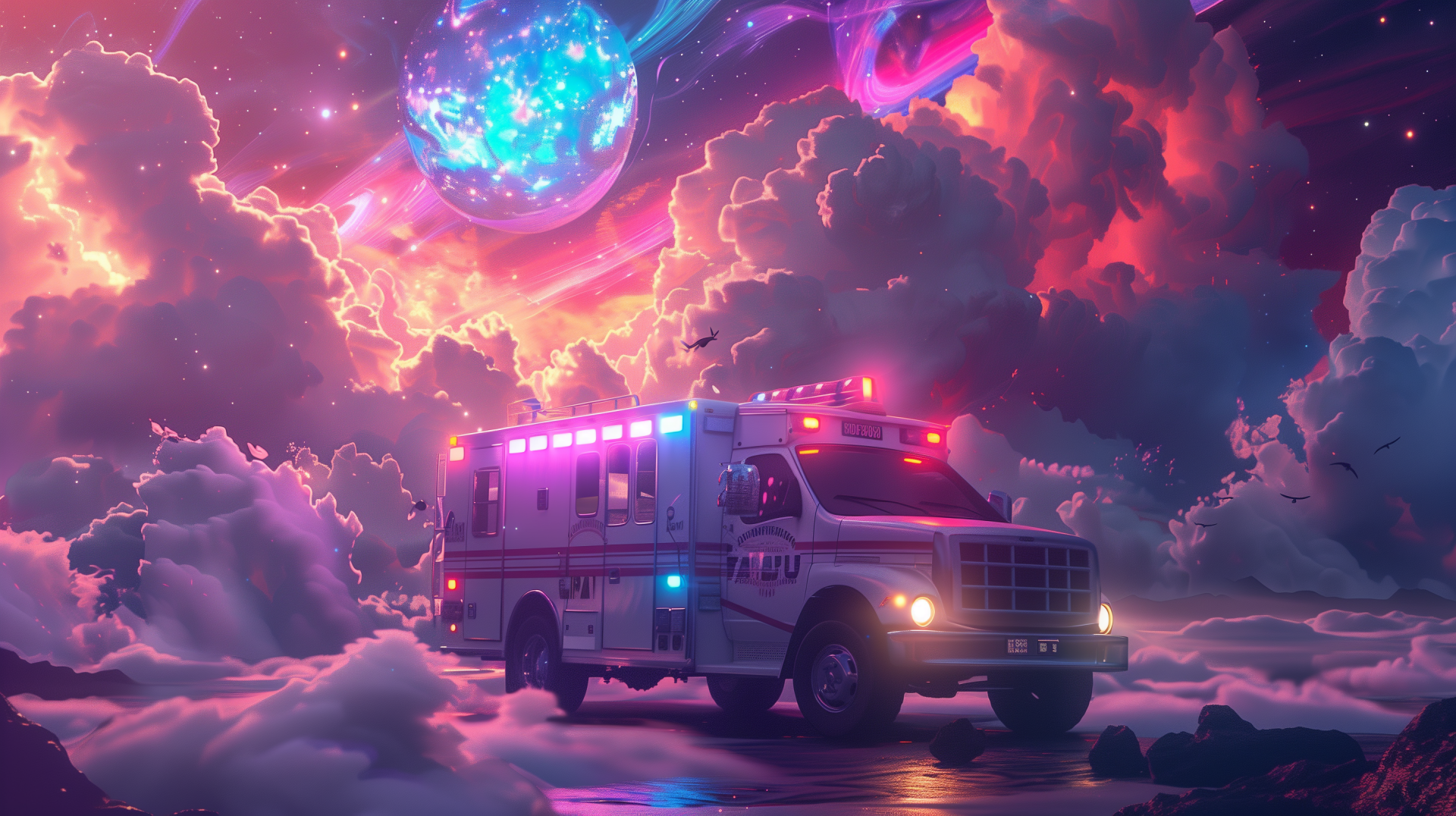 HD wallpaper of an ambulance with lights on, amidst a fantastical cosmic backdrop with vibrant clouds and a glowing planet.