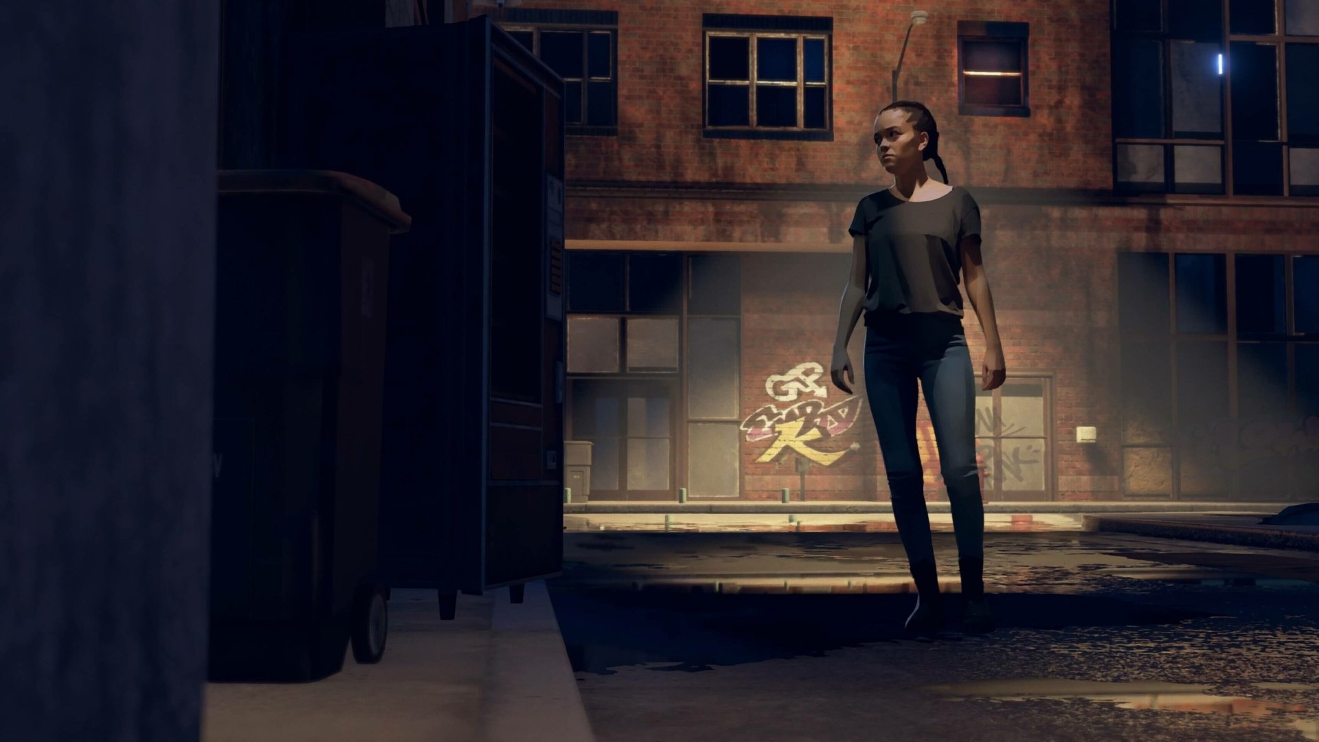 HD desktop wallpaper featuring a scene from the video game As Dusk Falls with a character standing in a dimly lit urban alleyway.